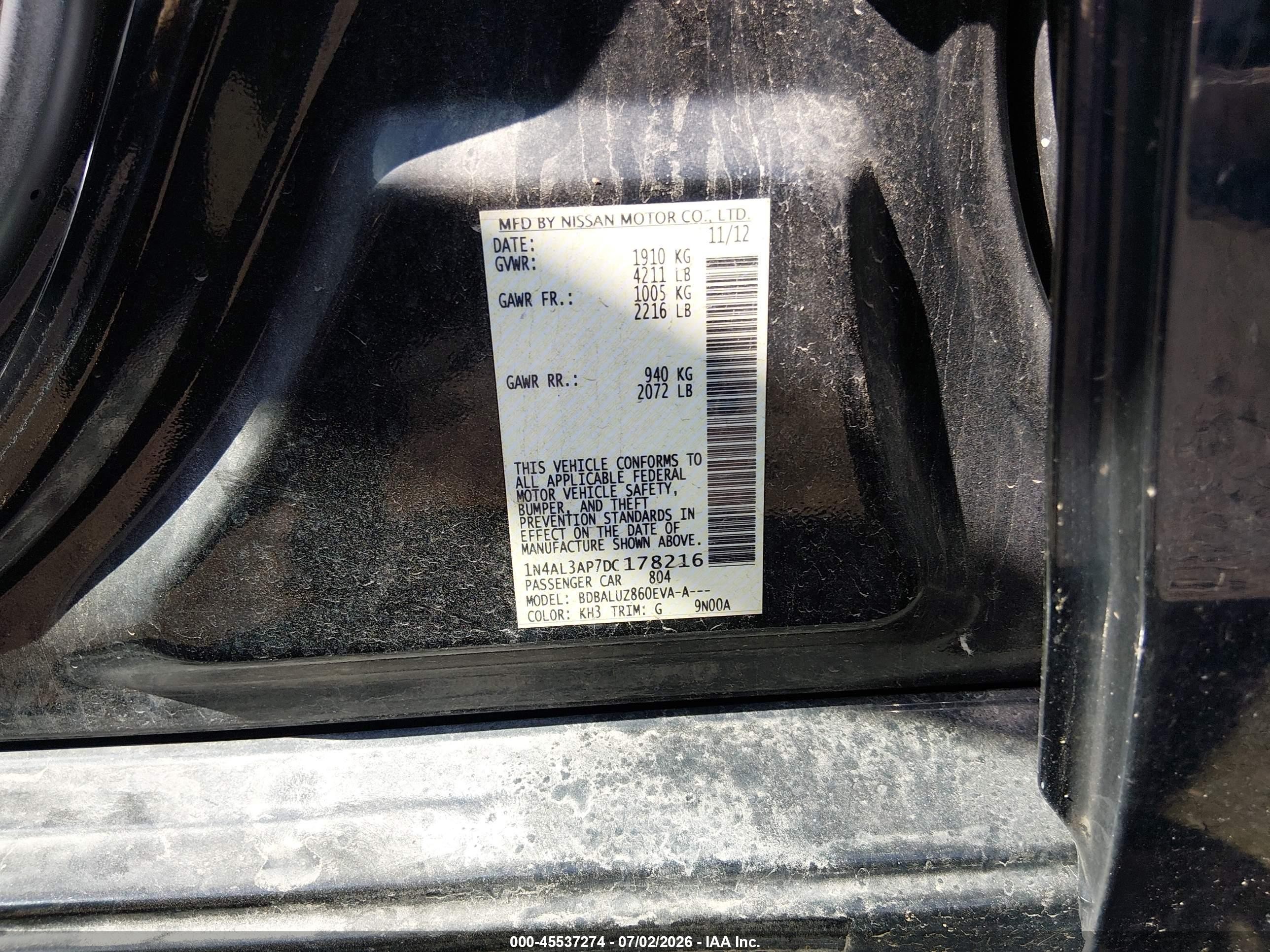2013 Nissan Altima 2.5 Sv Black vin: 1N4AL3AP7DC178216