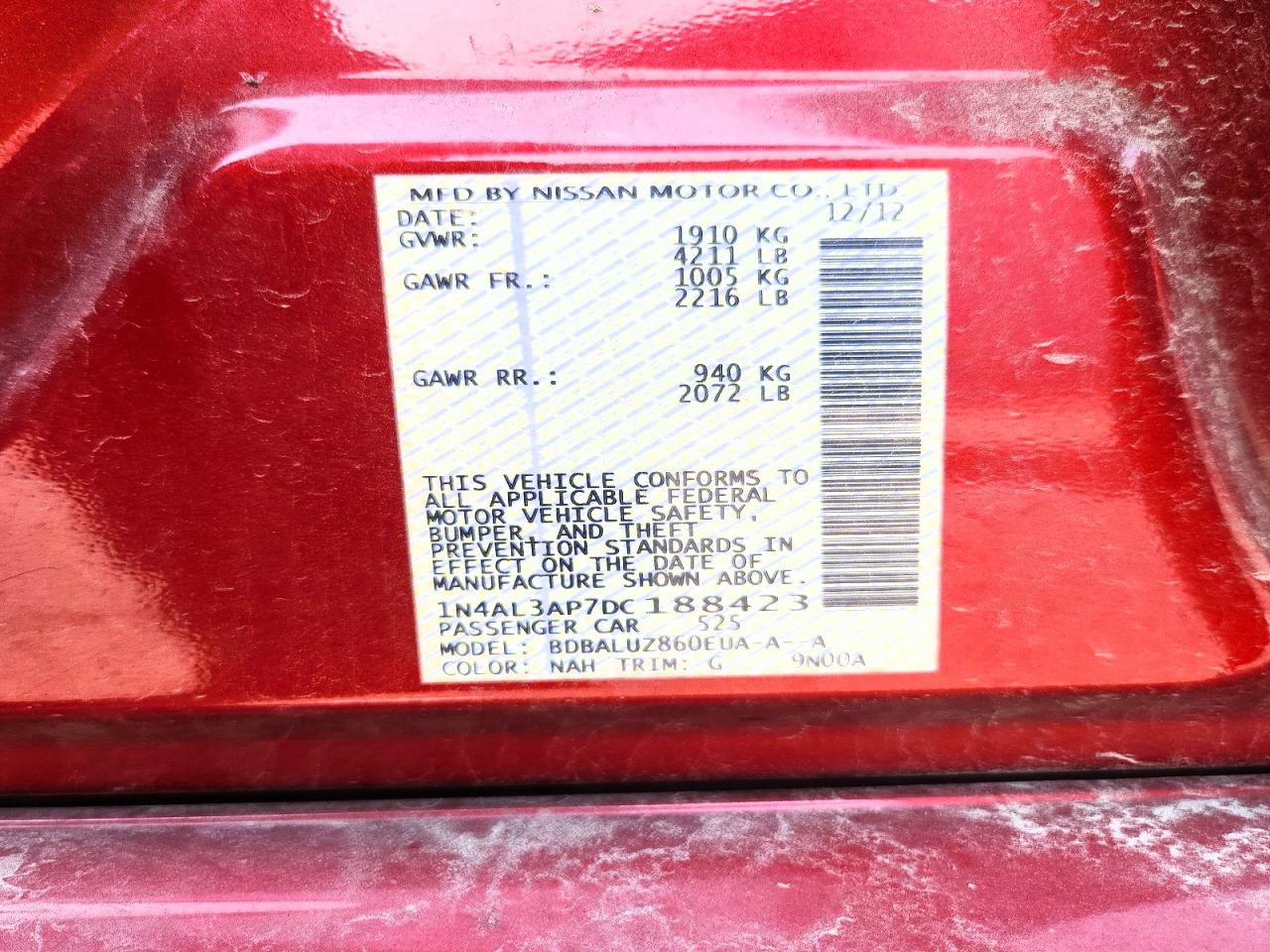 2013 Nissan Altima 2.5 Красный vin: 1N4AL3AP7DC188423