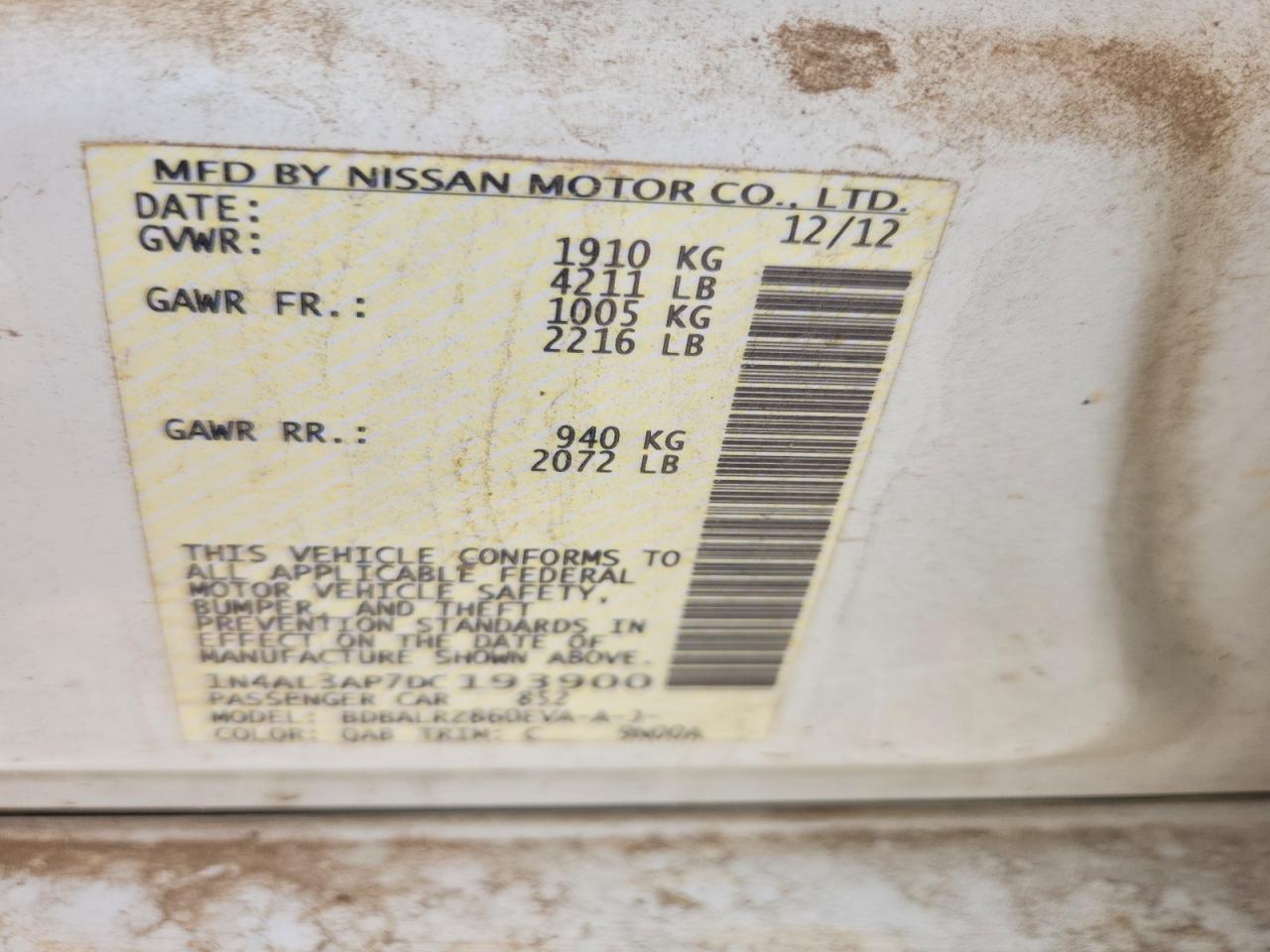 2013 Nissan Altima 2.5 White vin: 1N4AL3AP7DC193900