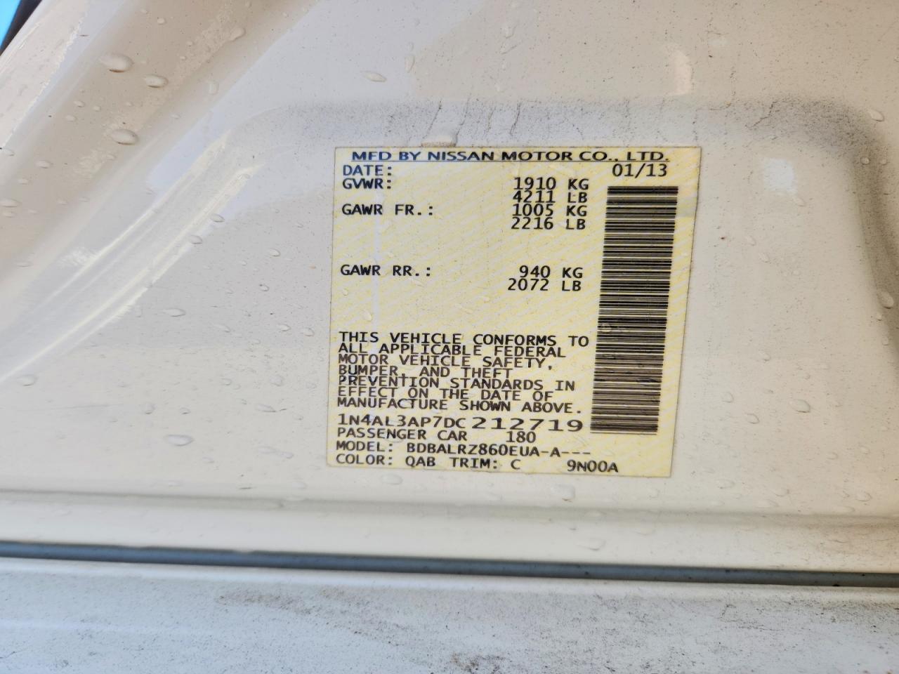 2013 Nissan Altima 2.5 White vin: 1N4AL3AP7DC212719