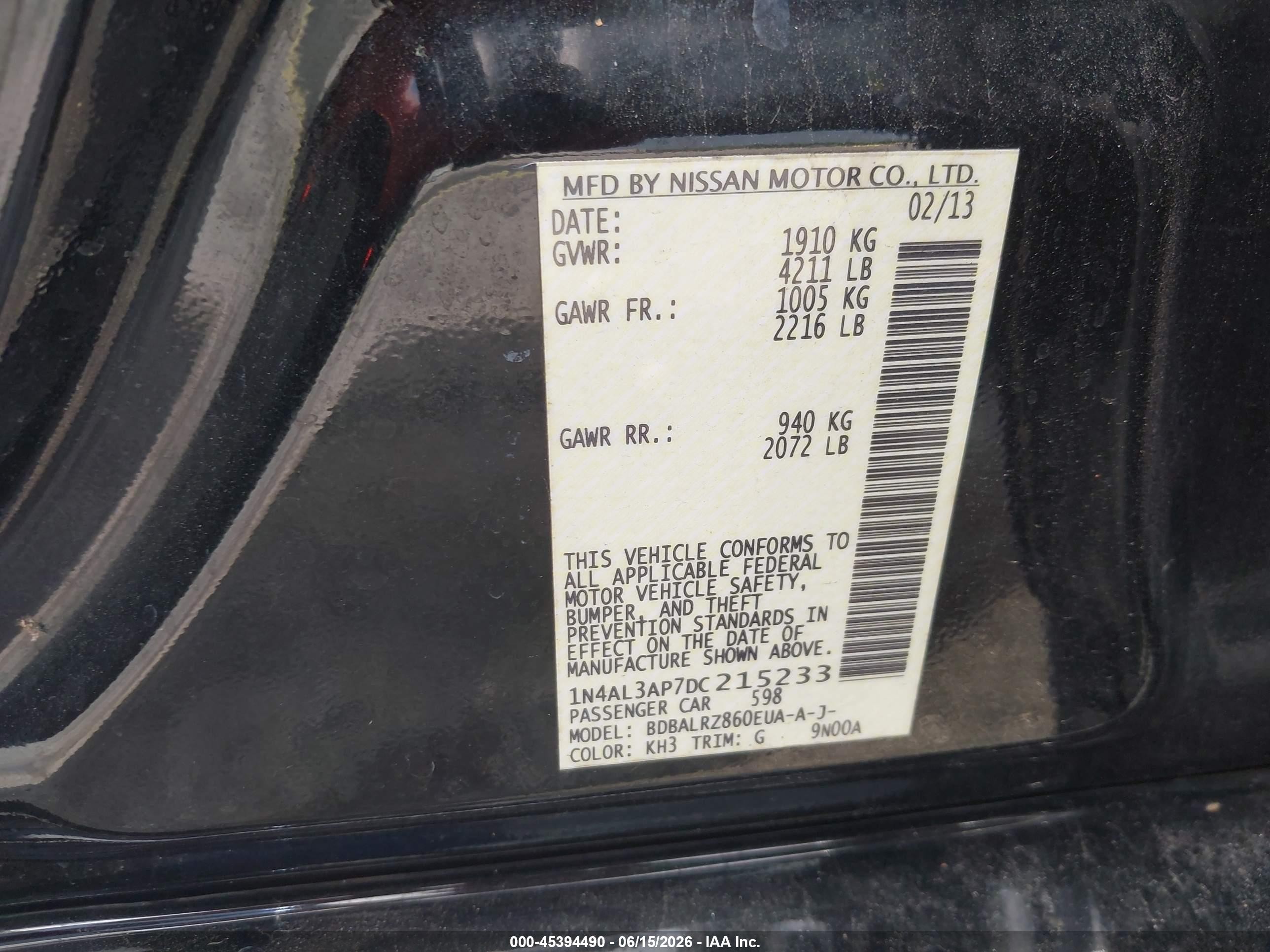 2013 Nissan Altima 2.5 S Black vin: 1N4AL3AP7DC215233
