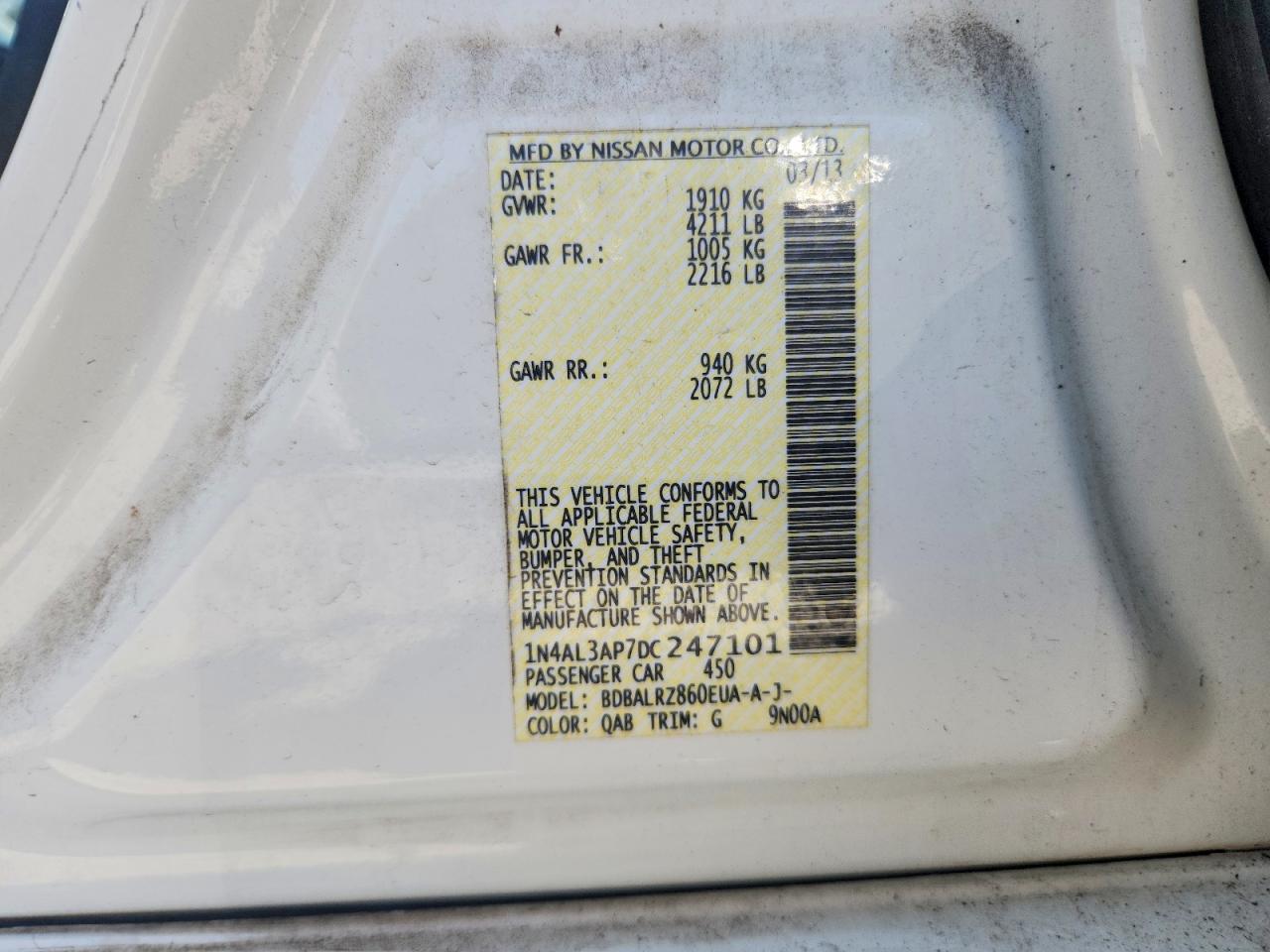 2013 Nissan Altima 2.5 White vin: 1N4AL3AP7DC247101