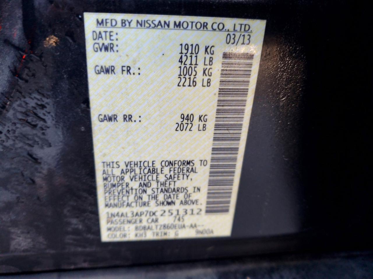 2013 Nissan Altima 2.5 Black vin: 1N4AL3AP7DC251312