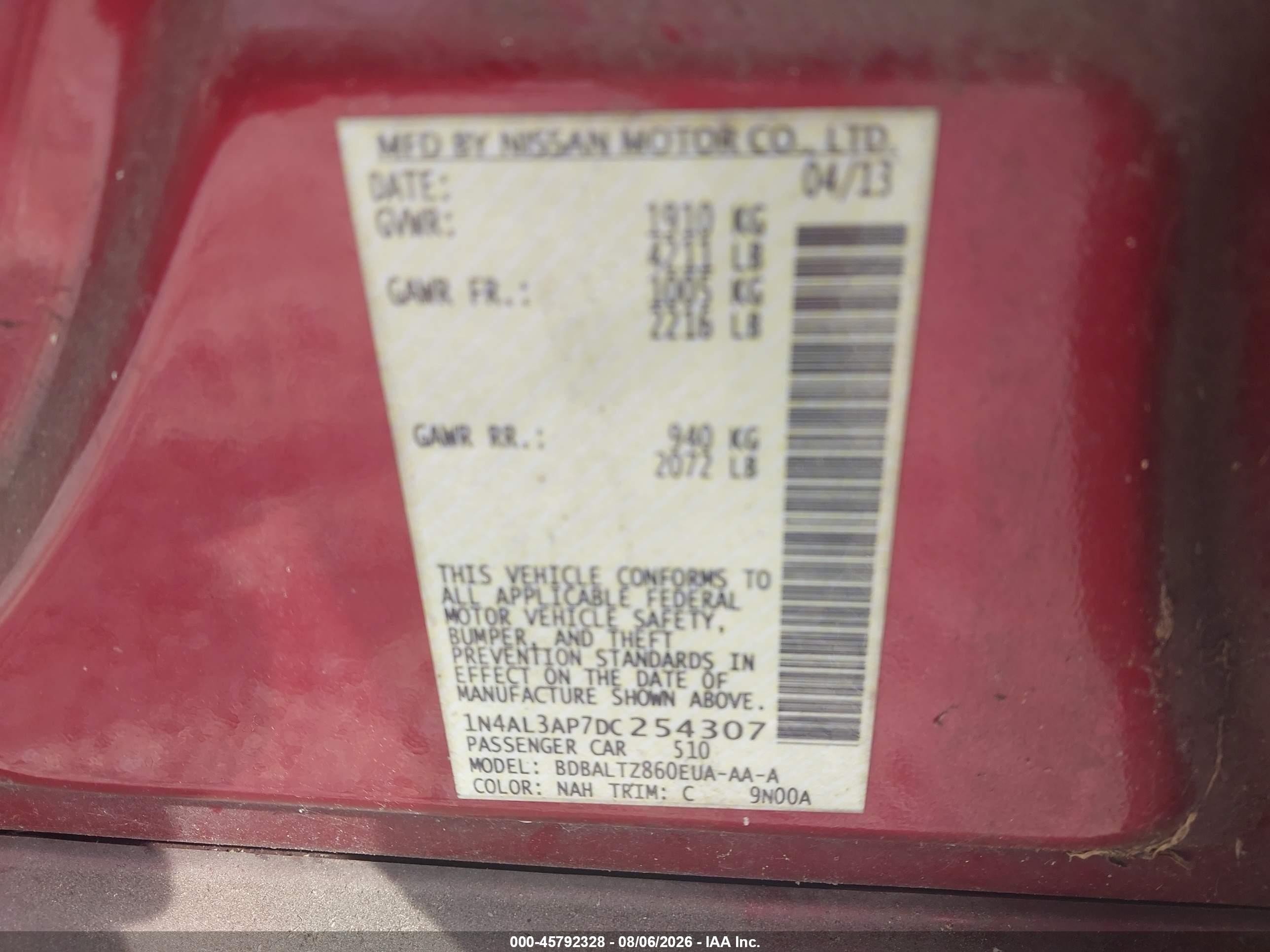 2013 Nissan Altima 2.5 Sv Red vin: 1N4AL3AP7DC254307