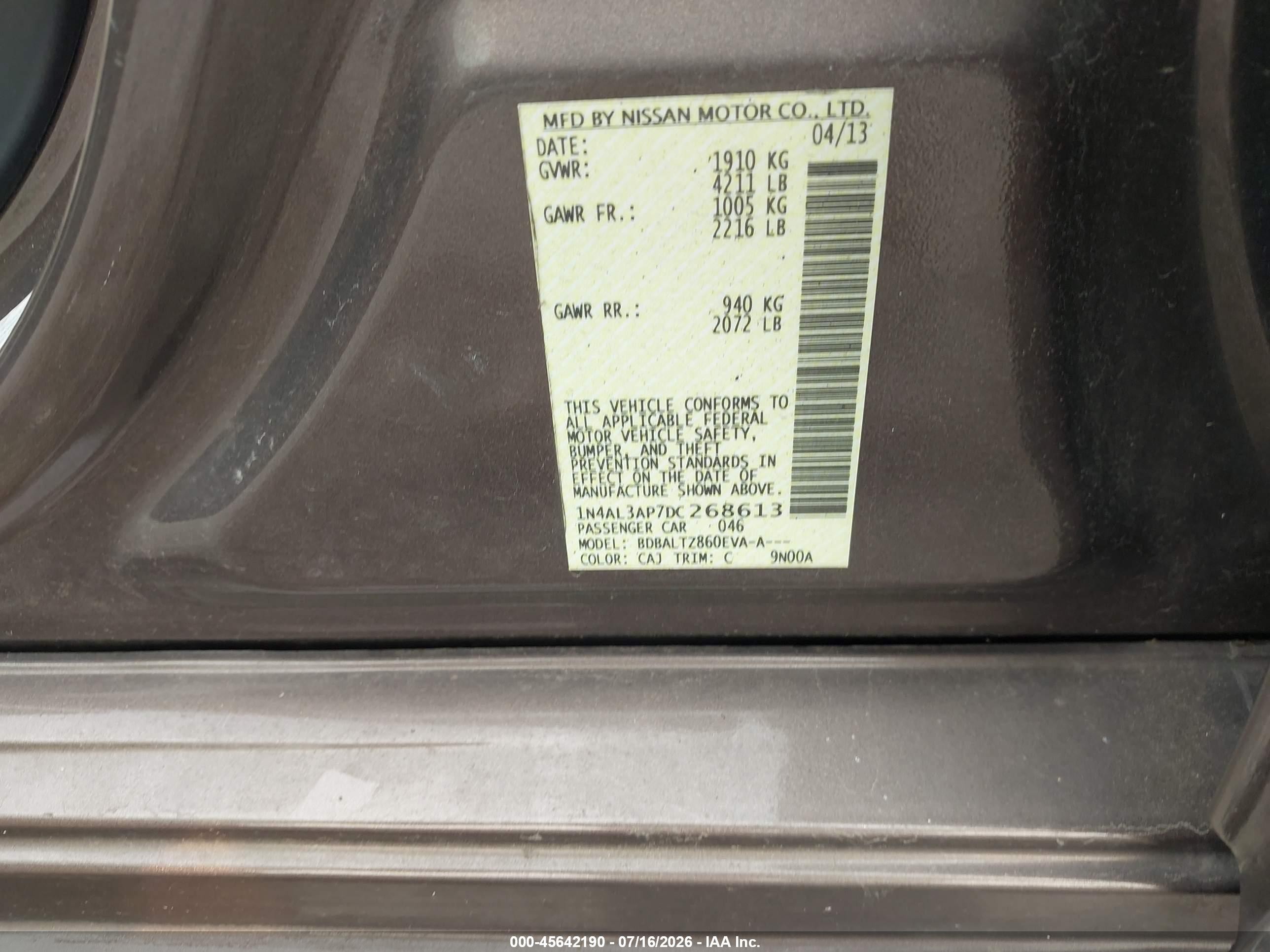 2013 Nissan Altima 2.5 Sv Brown vin: 1N4AL3AP7DC268613