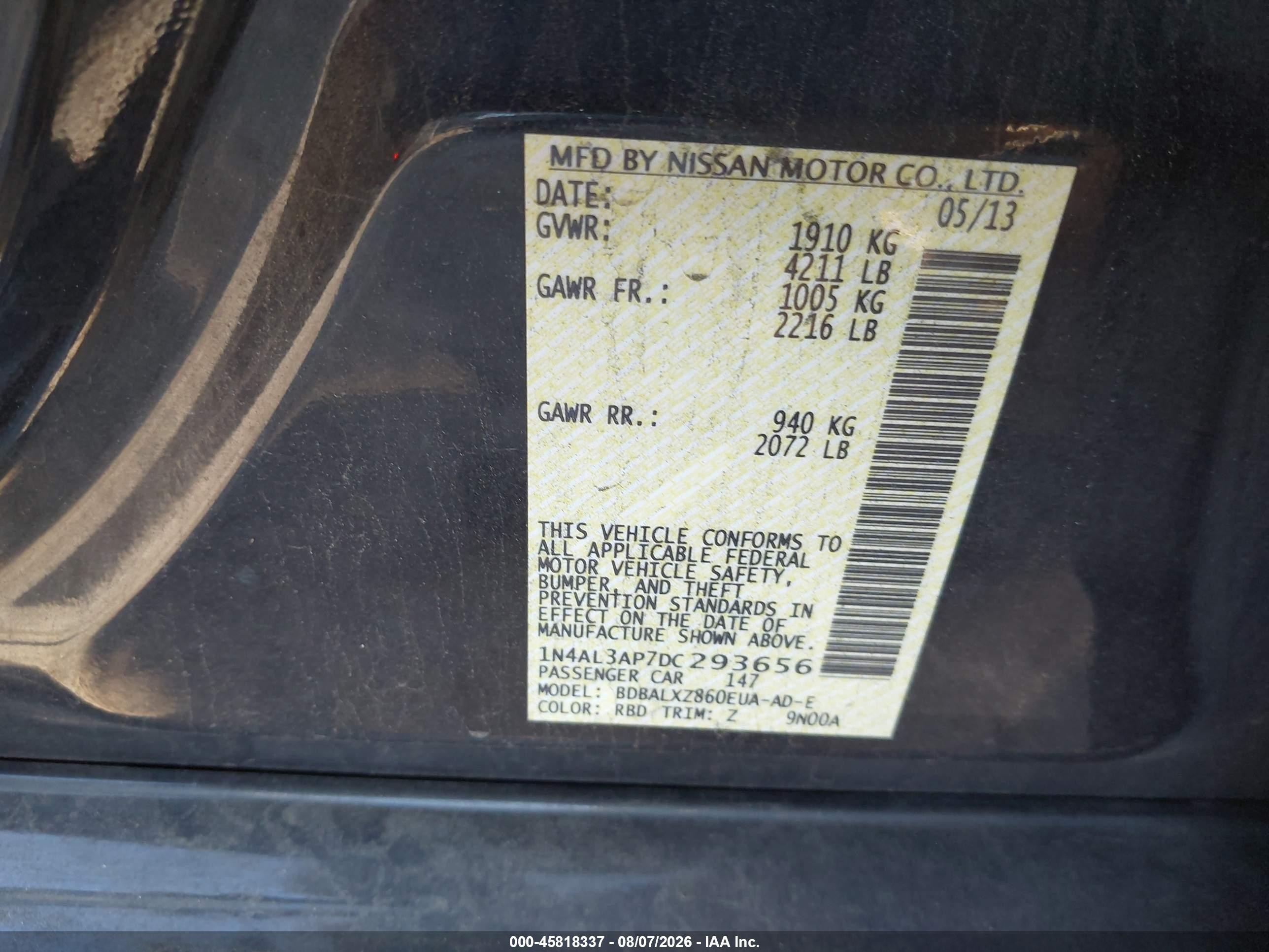 2013 Nissan Altima 2.5 Sl Черный vin: 1N4AL3AP7DC293656