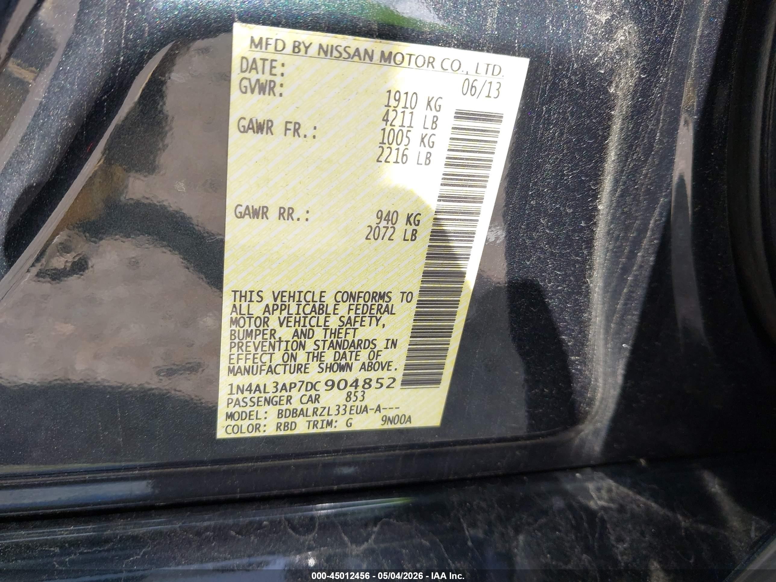 2013 Nissan Altima 2.5 S Black vin: 1N4AL3AP7DC904852