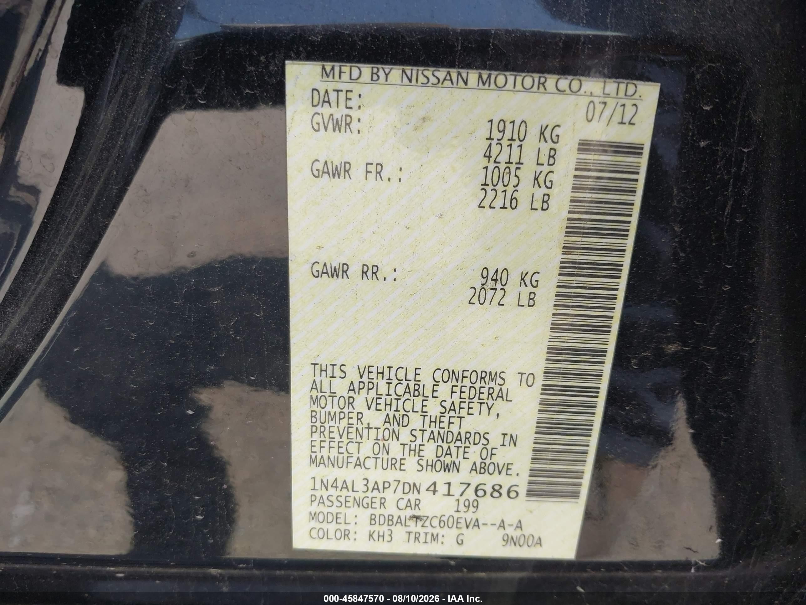 2013 Nissan Altima 2.5 Sv Black vin: 1N4AL3AP7DN417686