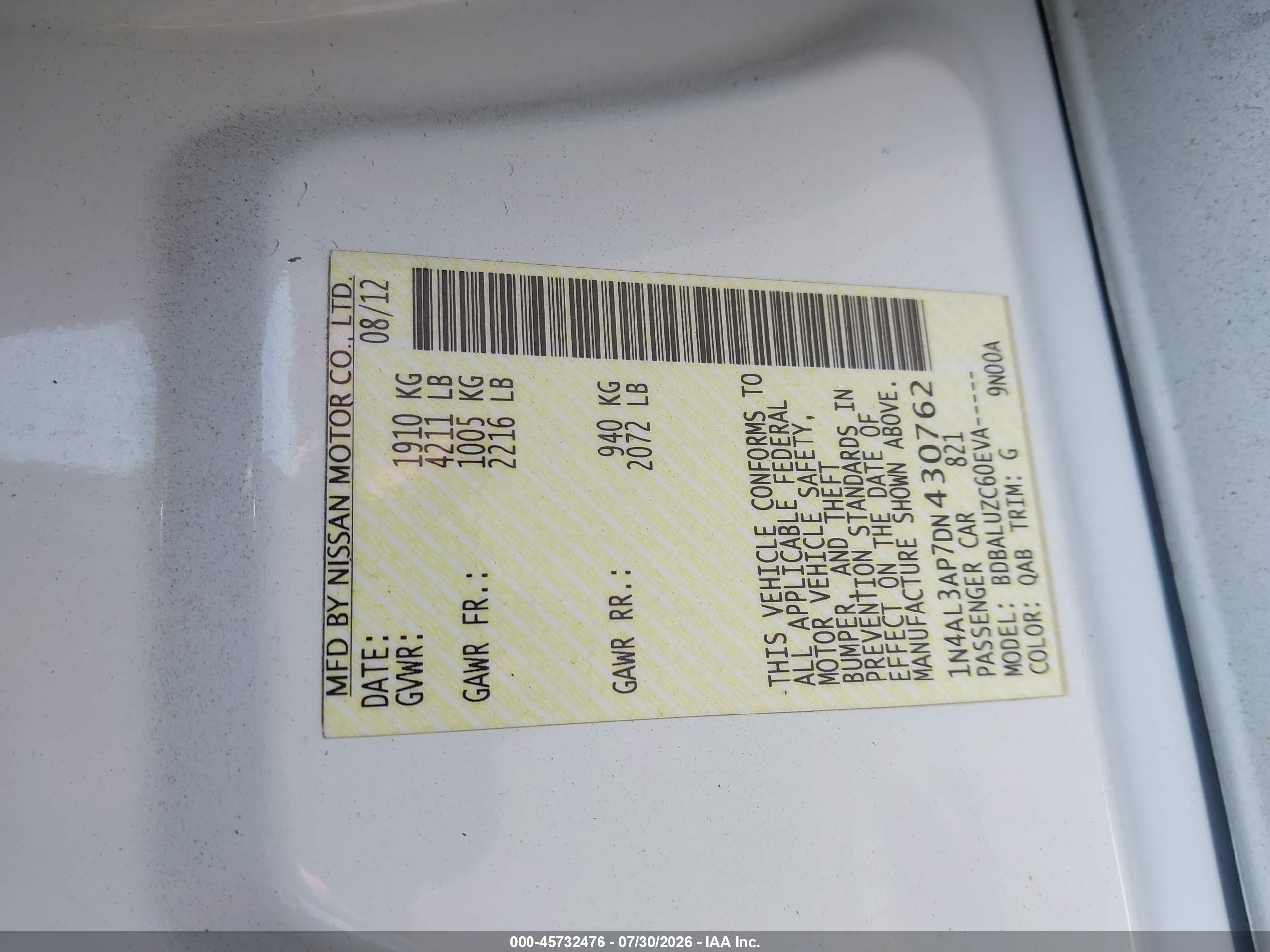 2013 Nissan Altima 2.5 Sv White vin: 1N4AL3AP7DN430762