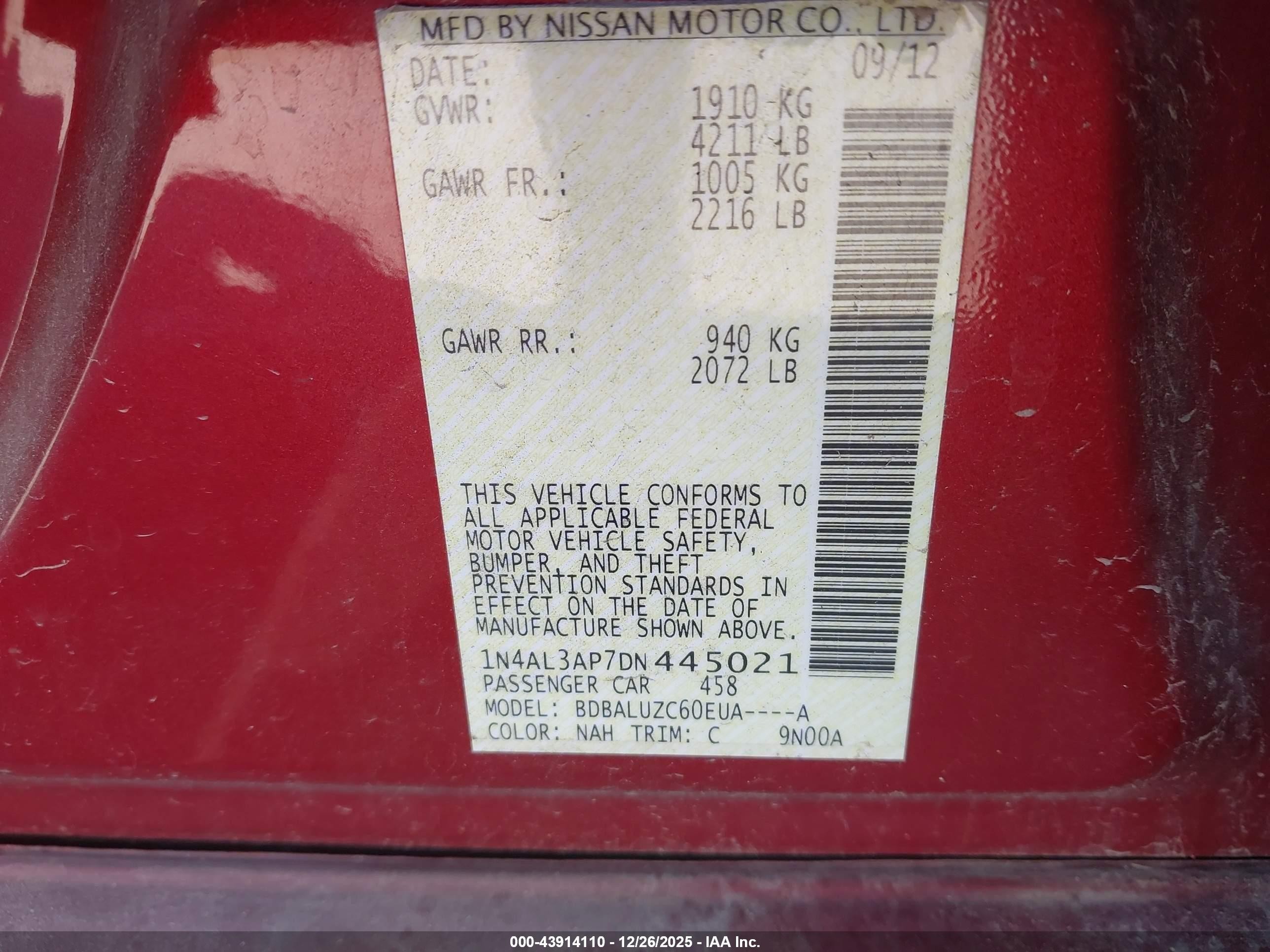 2013 Nissan Altima 2.5 Sv Red vin: 1N4AL3AP7DN445021