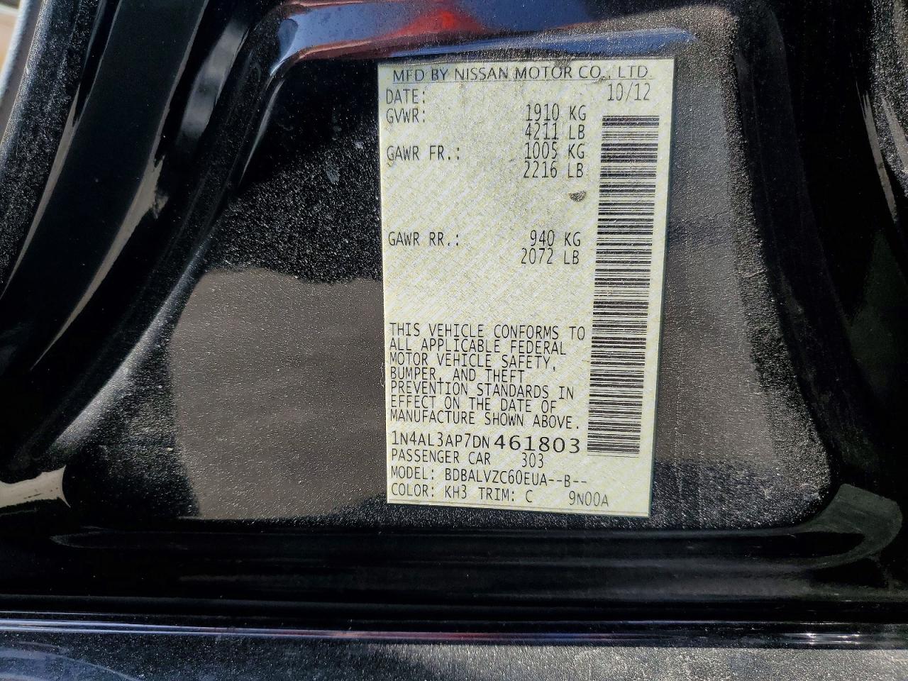 2013 Nissan Altima 2.5 Black vin: 1N4AL3AP7DN461803