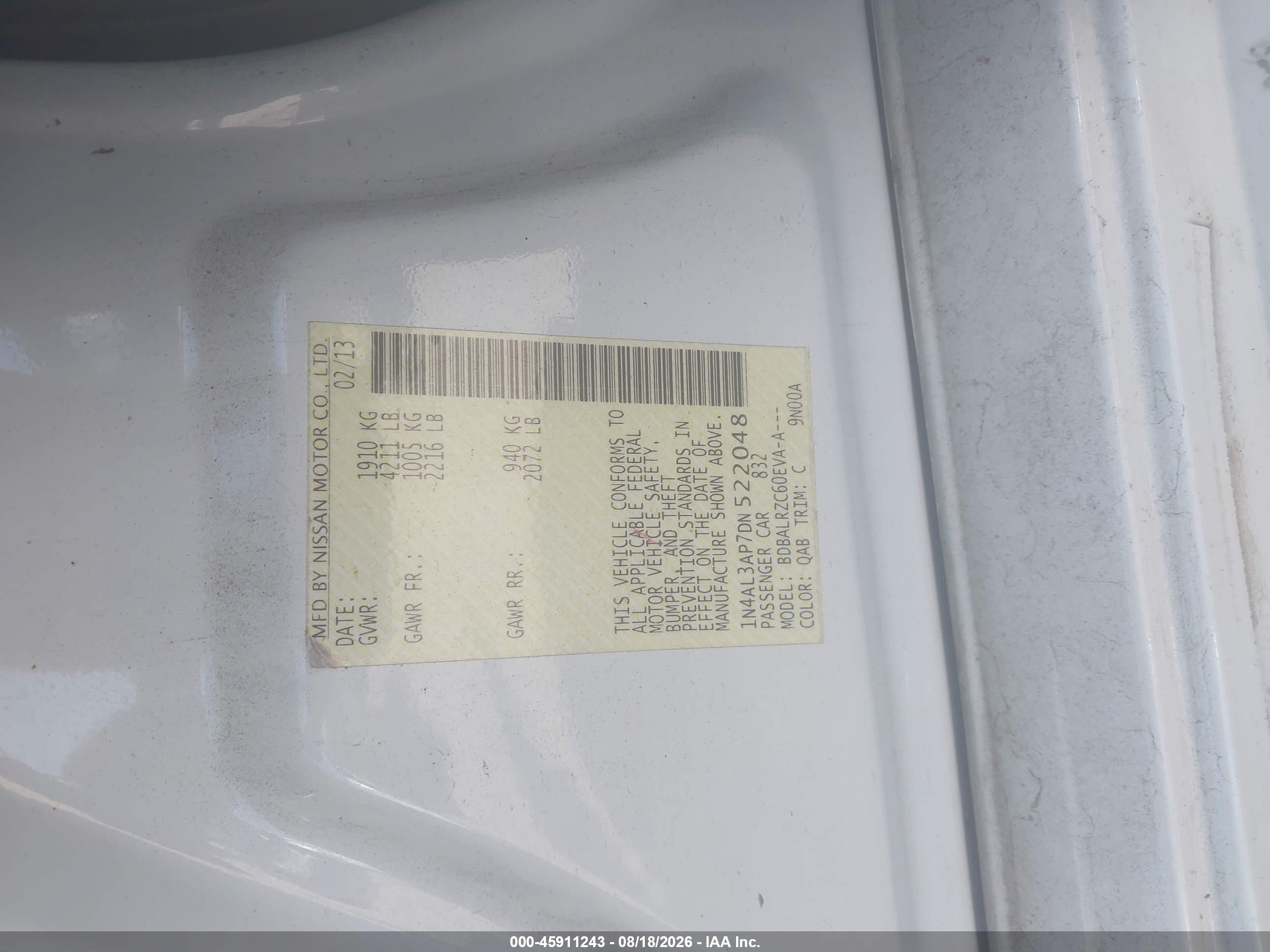 2013 Nissan Altima 2.5 S White vin: 1N4AL3AP7DN522048