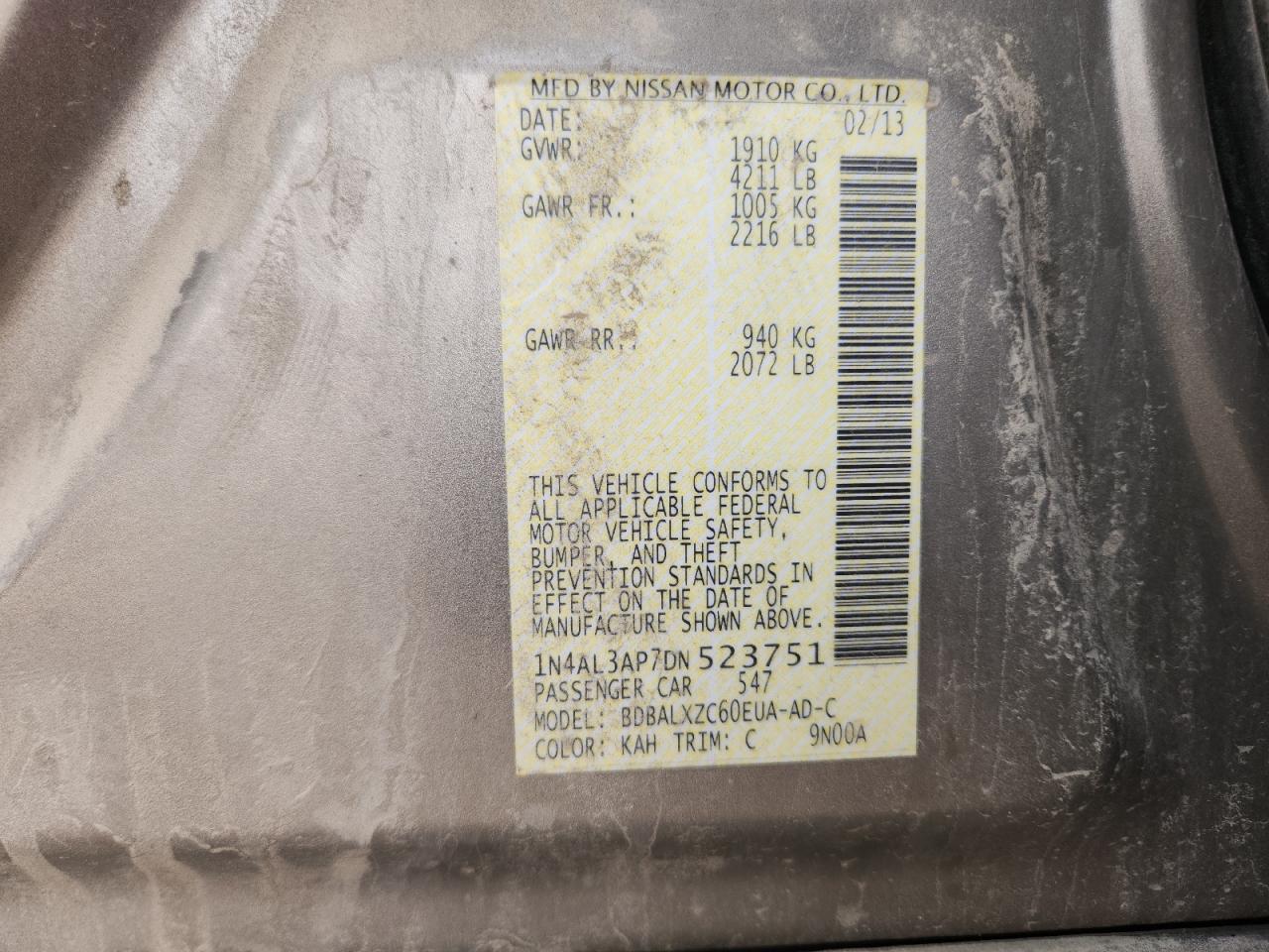 2013 Nissan Altima 2.5 Tan vin: 1N4AL3AP7DN523751