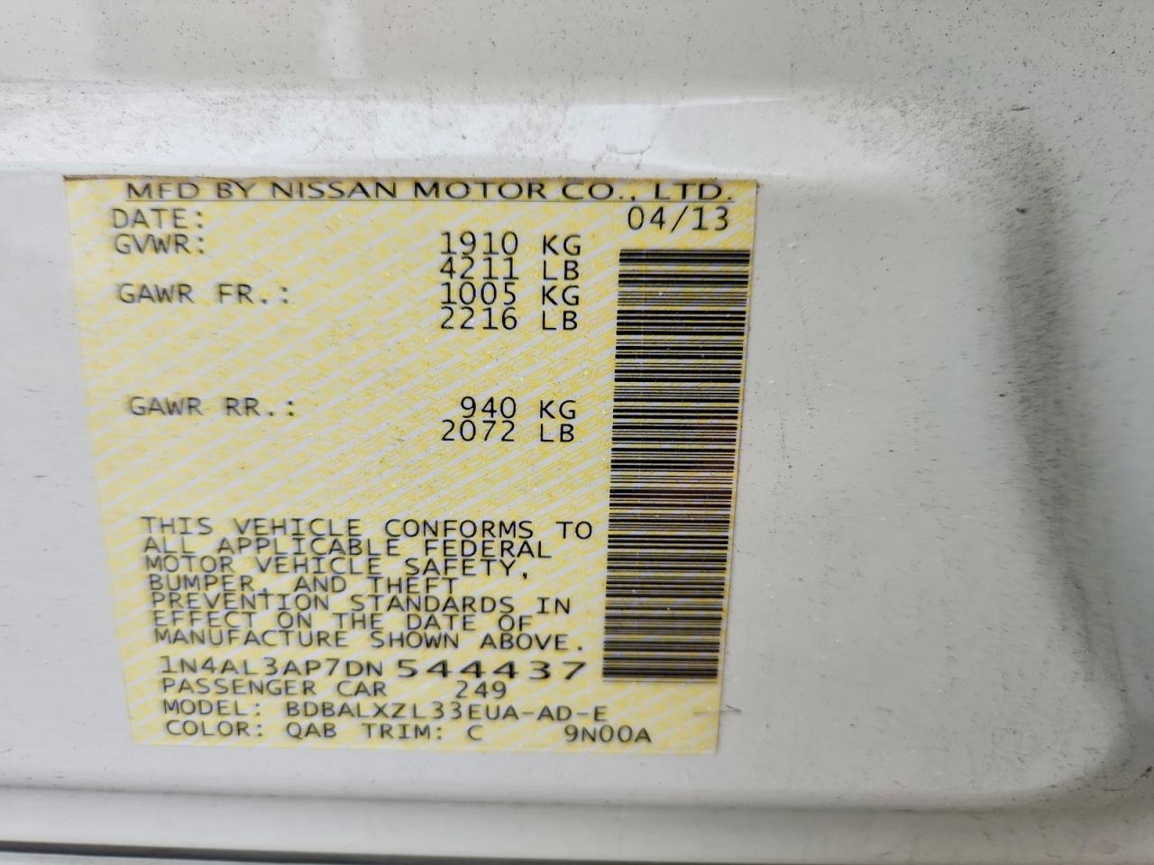 2013 Nissan Altima 2.5 White vin: 1N4AL3AP7DN544437