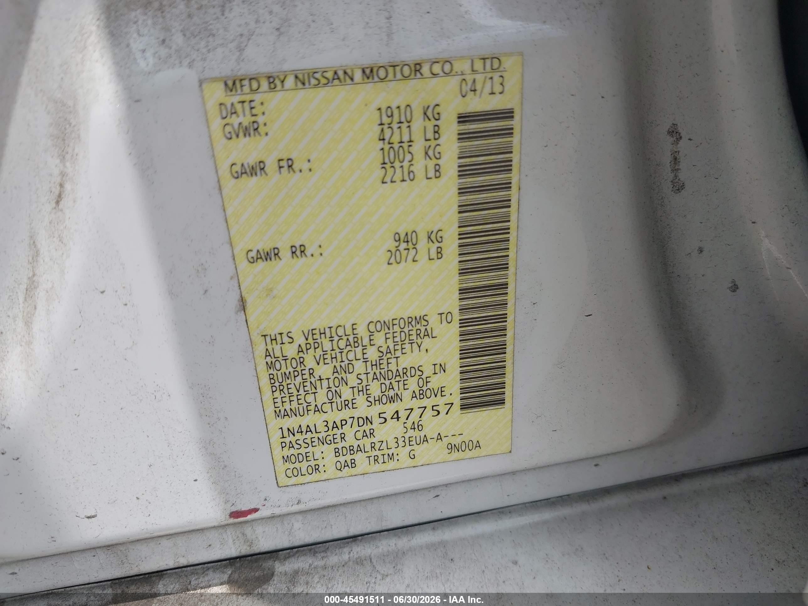 2013 Nissan Altima 2.5 S White vin: 1N4AL3AP7DN547757