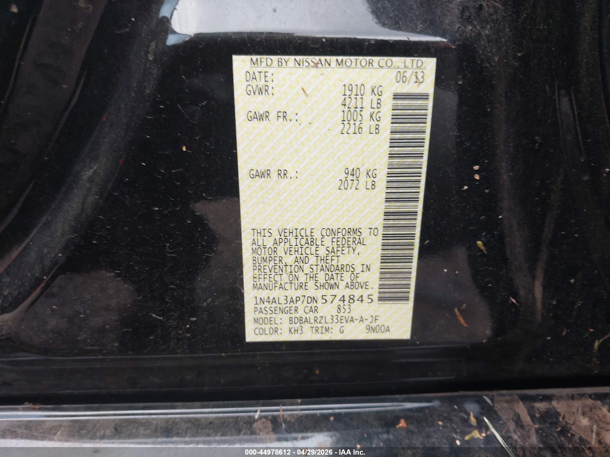 2013 Nissan Altima 2.5 S Black vin: 1N4AL3AP7DN574845