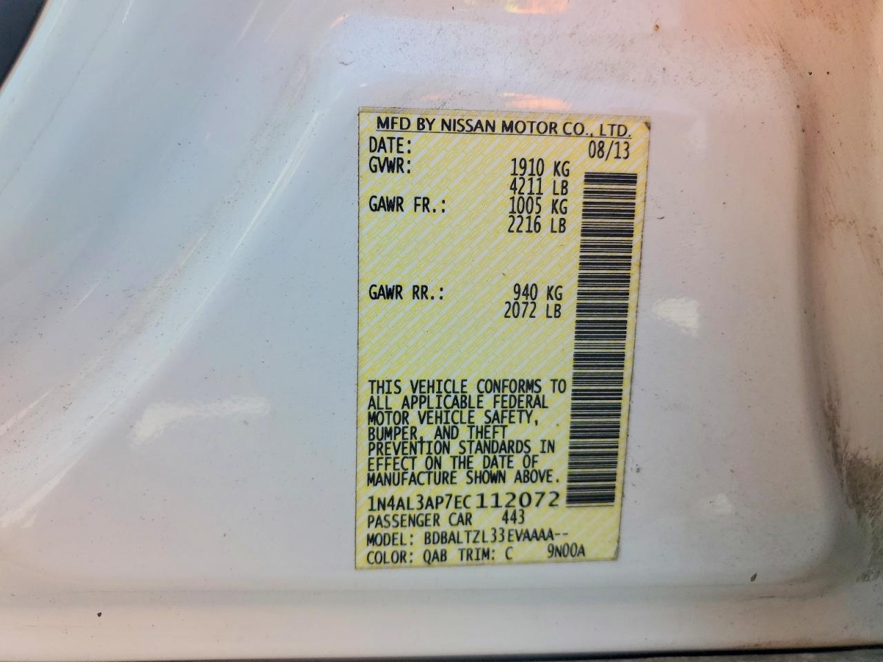 2014 Nissan Altima 2.5 White vin: 1N4AL3AP7EC112072