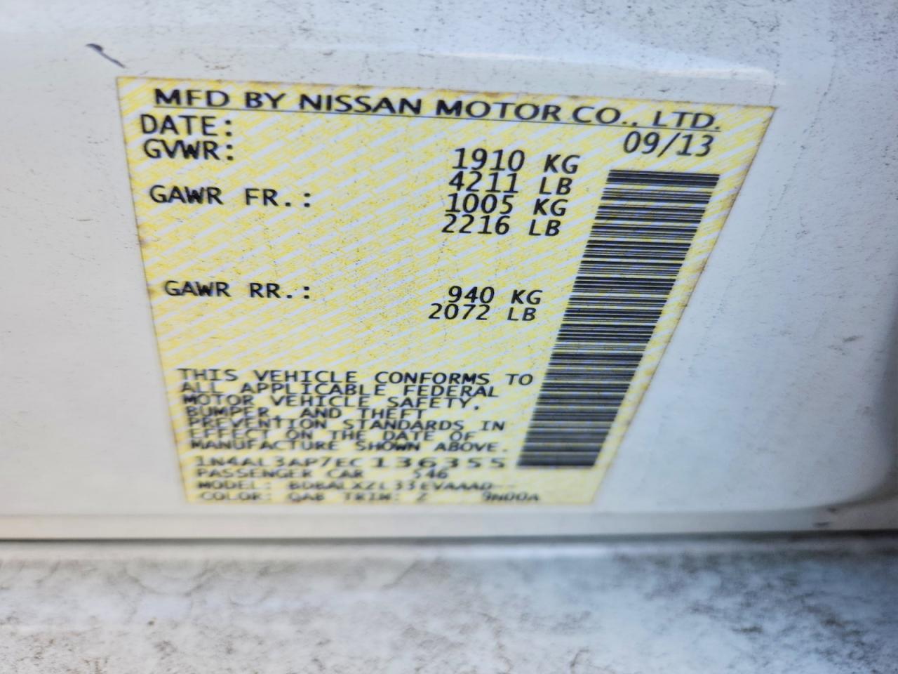 2014 Nissan Altima 2.5 Sl White vin: 1N4AL3AP7EC136355