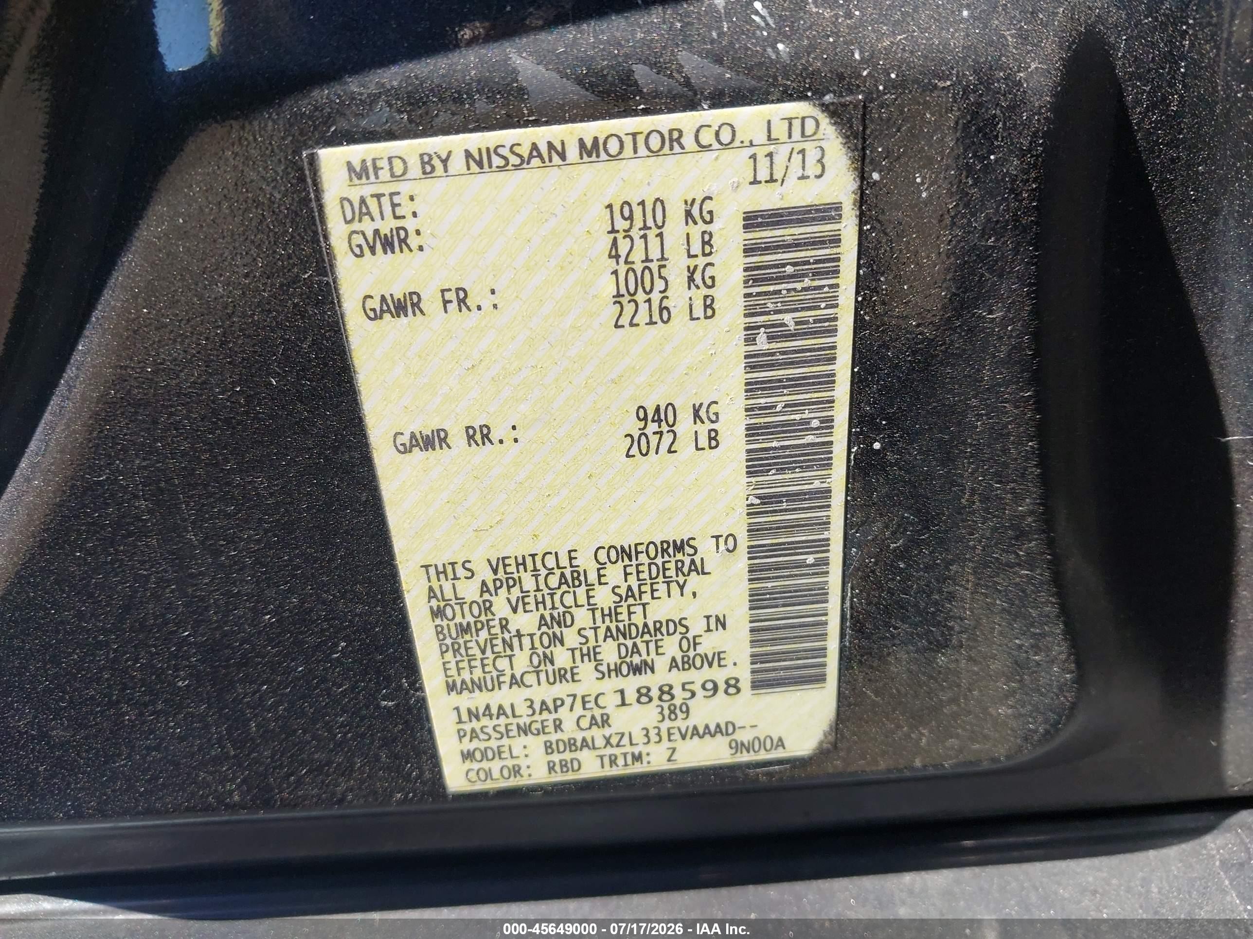 2014 Nissan Altima 2.5 Sl Gray vin: 1N4AL3AP7EC188598