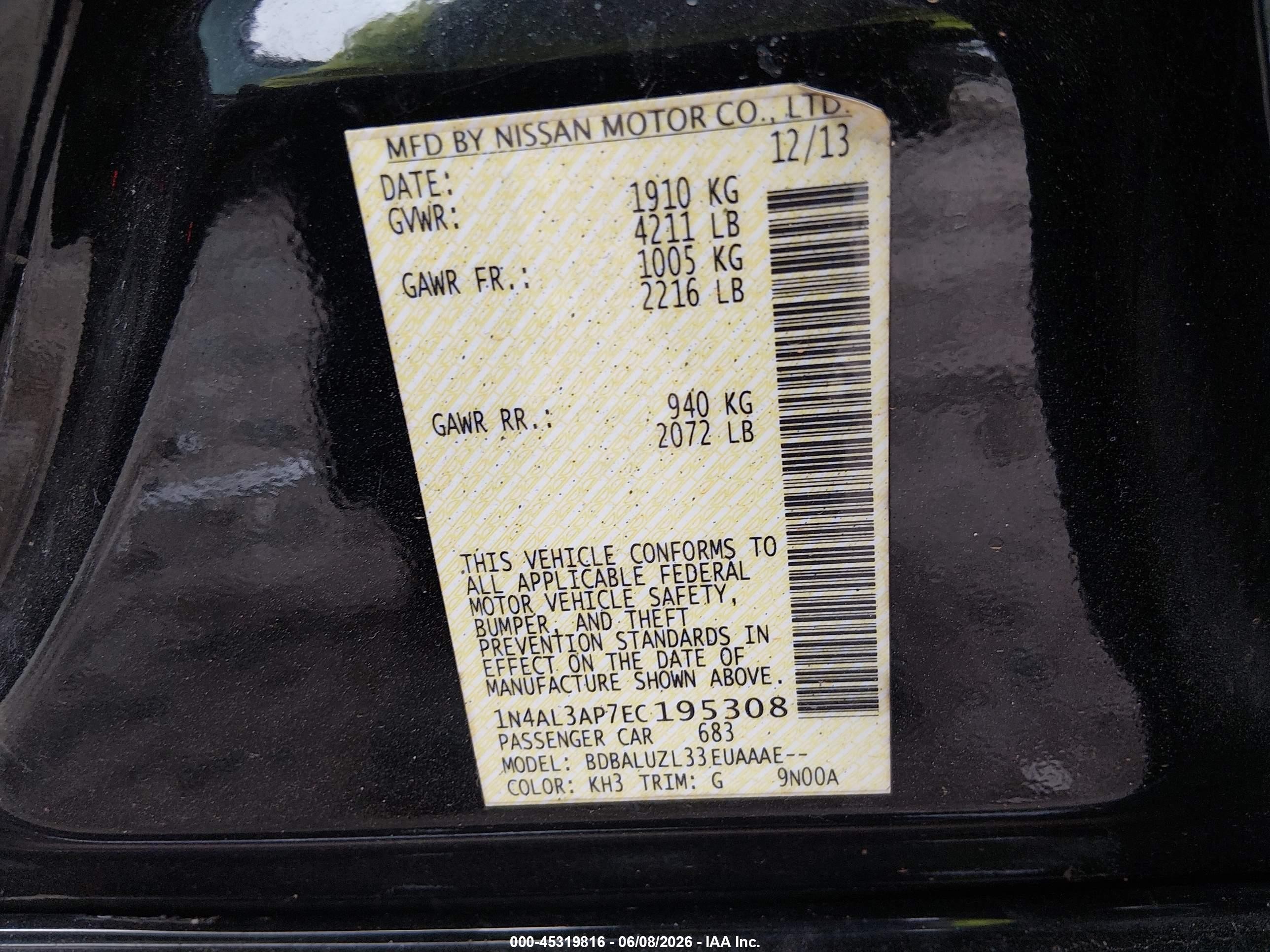 2014 Nissan Altima 2.5 Sv Black vin: 1N4AL3AP7EC195308