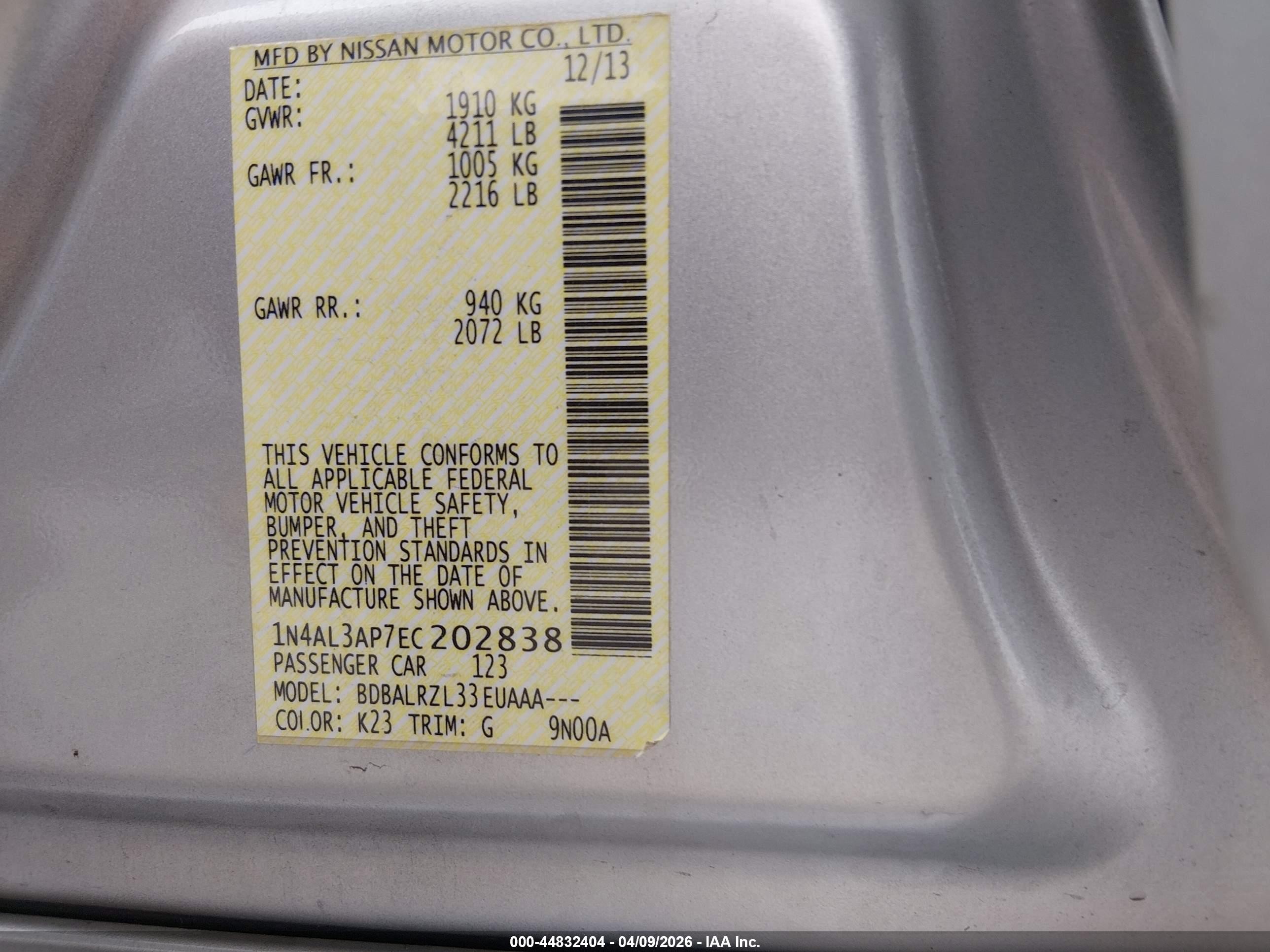 2014 Nissan Altima 2.5/2.5 S/2.5 Sl/2.5 Sv Silver vin: 1N4AL3AP7EC202838