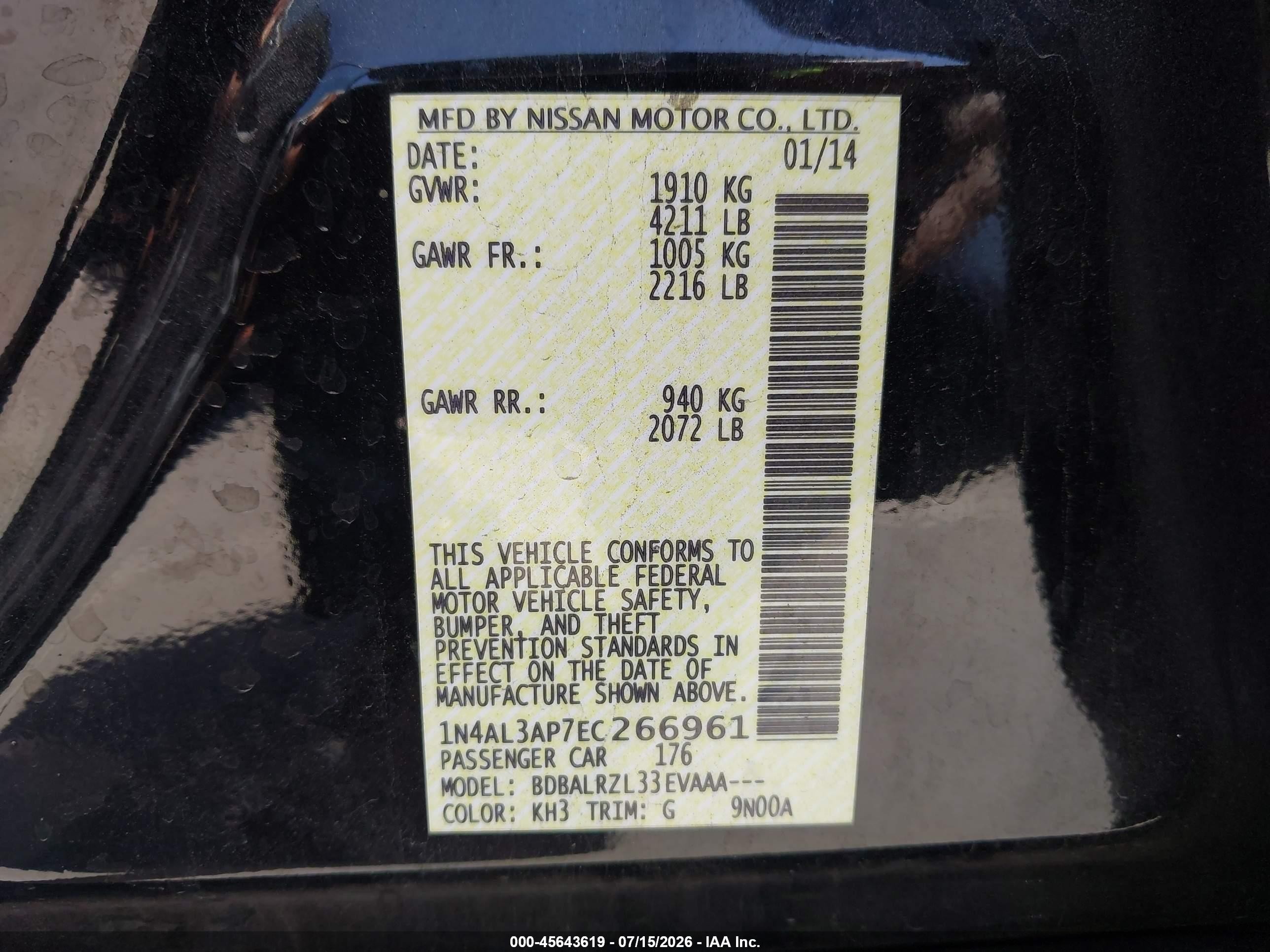 2014 Nissan Altima 2.5/2.5 S/2.5 Sl/2.5 Sv Black vin: 1N4AL3AP7EC266961