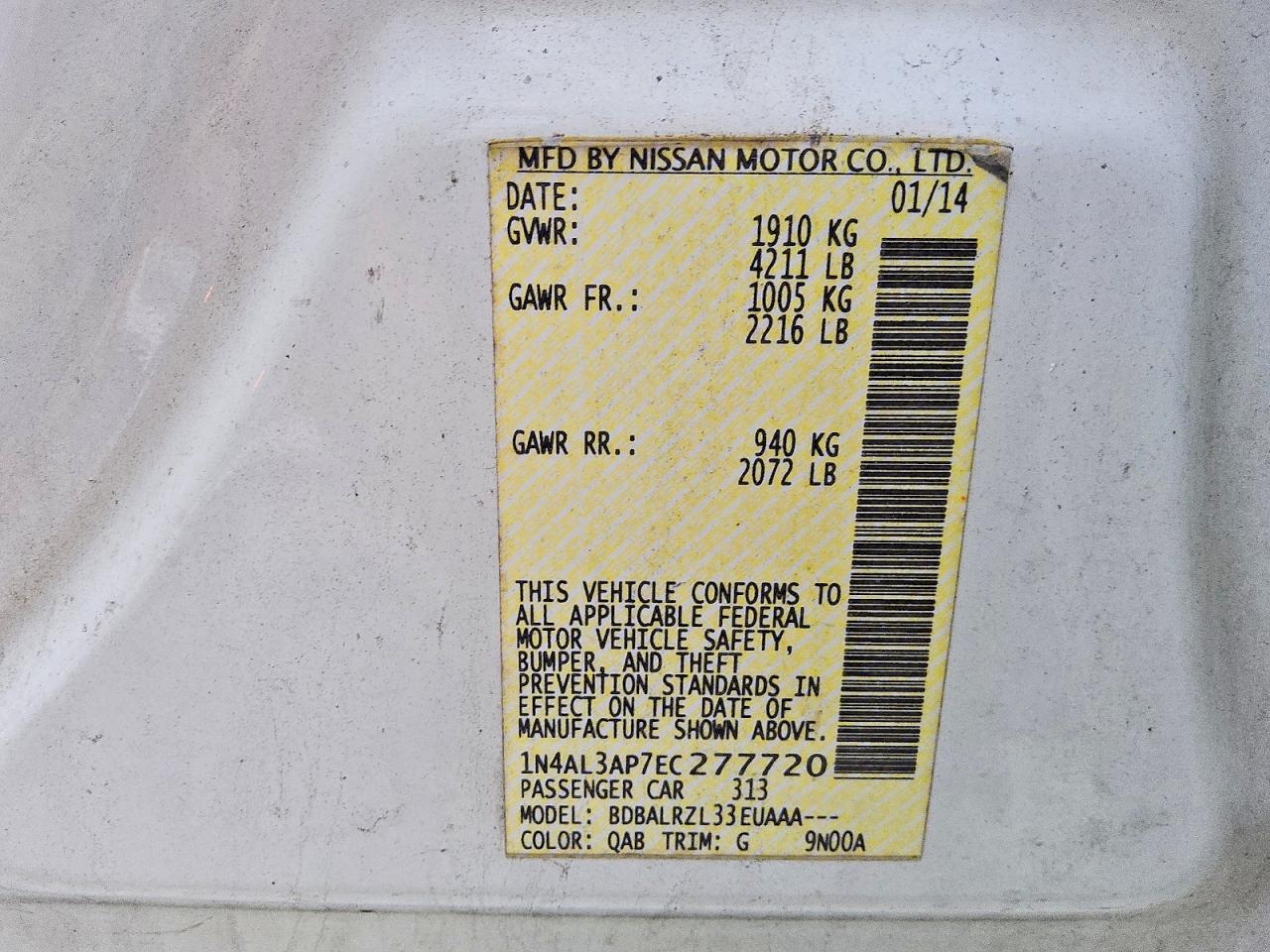 2014 Nissan Altima 2.5 S White vin: 1N4AL3AP7EC277720