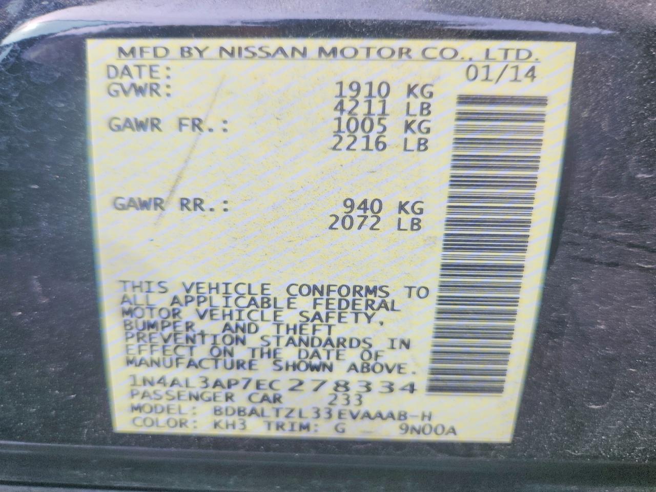 2014 Nissan Altima 2.5 Sv Black vin: 1N4AL3AP7EC278334