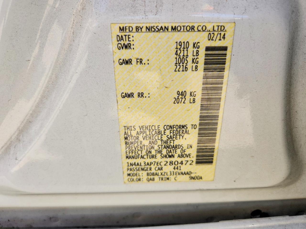 2014 Nissan Altima 2.5 Sl White vin: 1N4AL3AP7EC280472