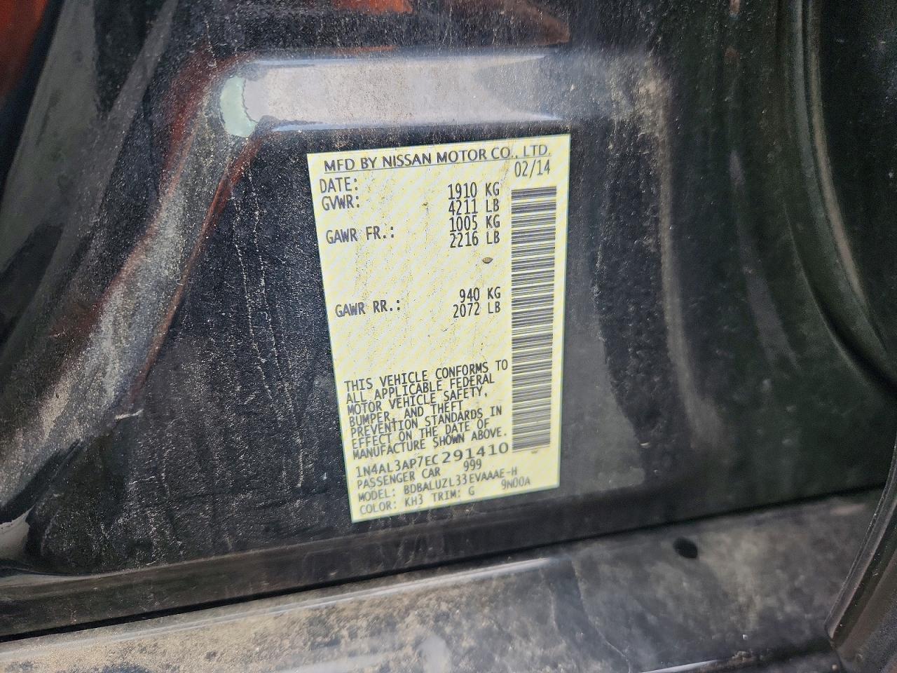 2014 Nissan Altima 2.5 Sv Black vin: 1N4AL3AP7EC291410