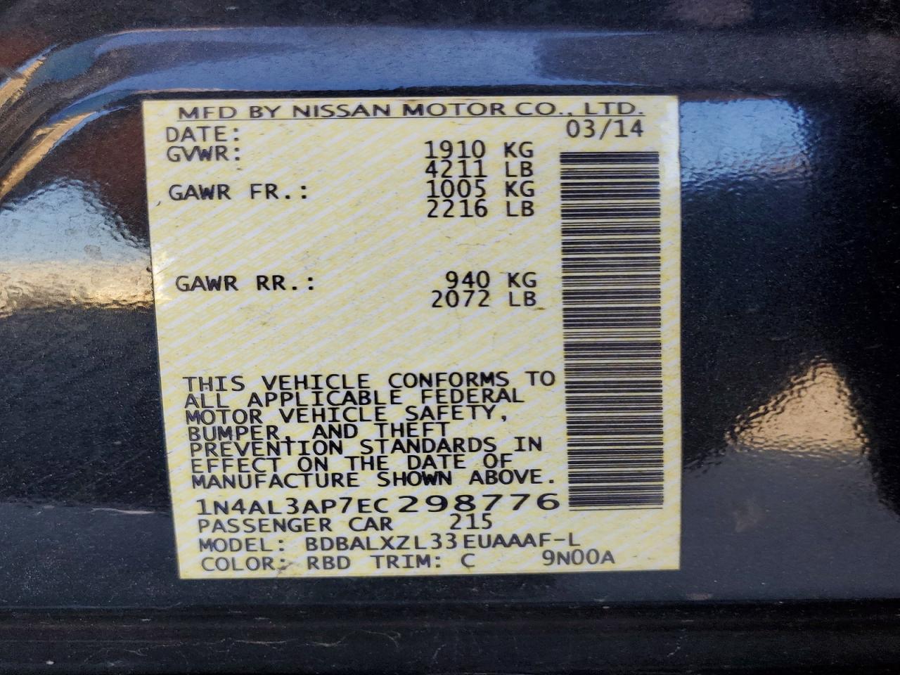 2014 Nissan Altima 2.5 Sl Черный vin: 1N4AL3AP7EC298776
