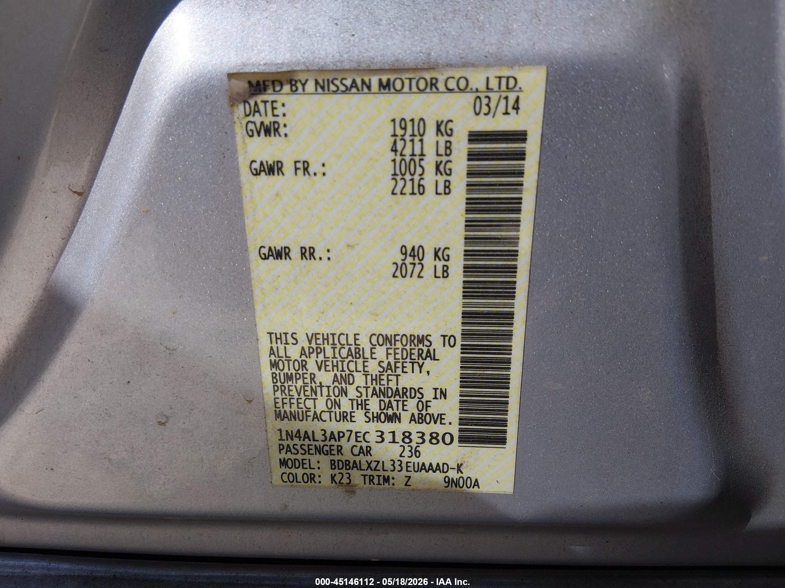 2014 Nissan Altima 2.5 Sl Silver vin: 1N4AL3AP7EC318380