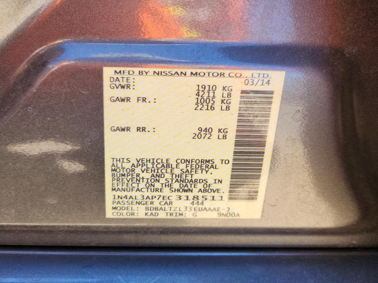 2014 Nissan Altima 2.5 Sv Charcoal vin: 1N4AL3AP7EC318511