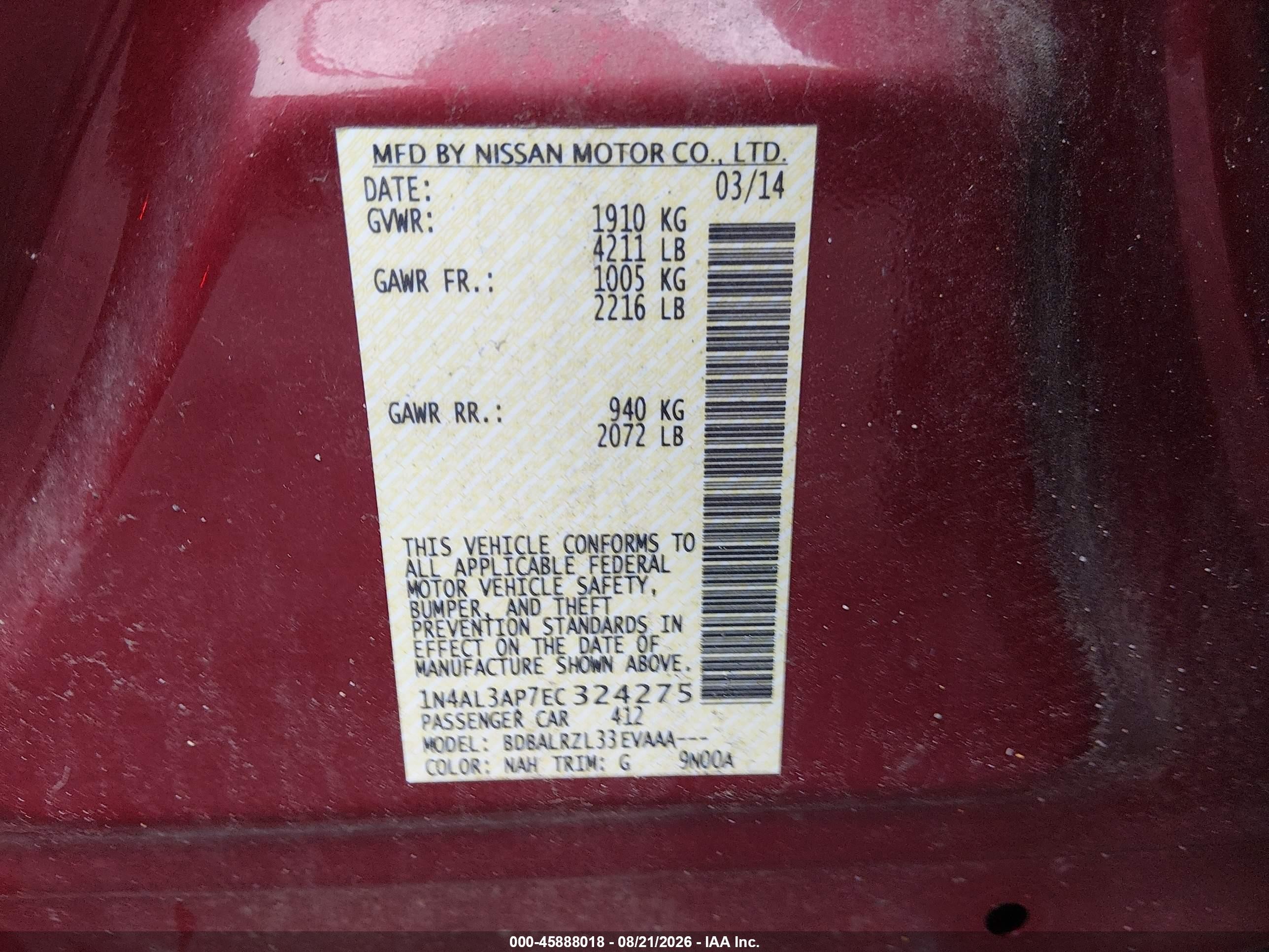 2014 Nissan Altima 2.5 S Red vin: 1N4AL3AP7EC324275