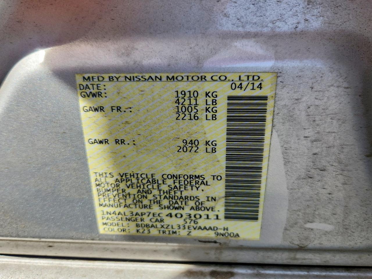 2014 Nissan Altima 2.5 Sl Серебряный vin: 1N4AL3AP7EC403011