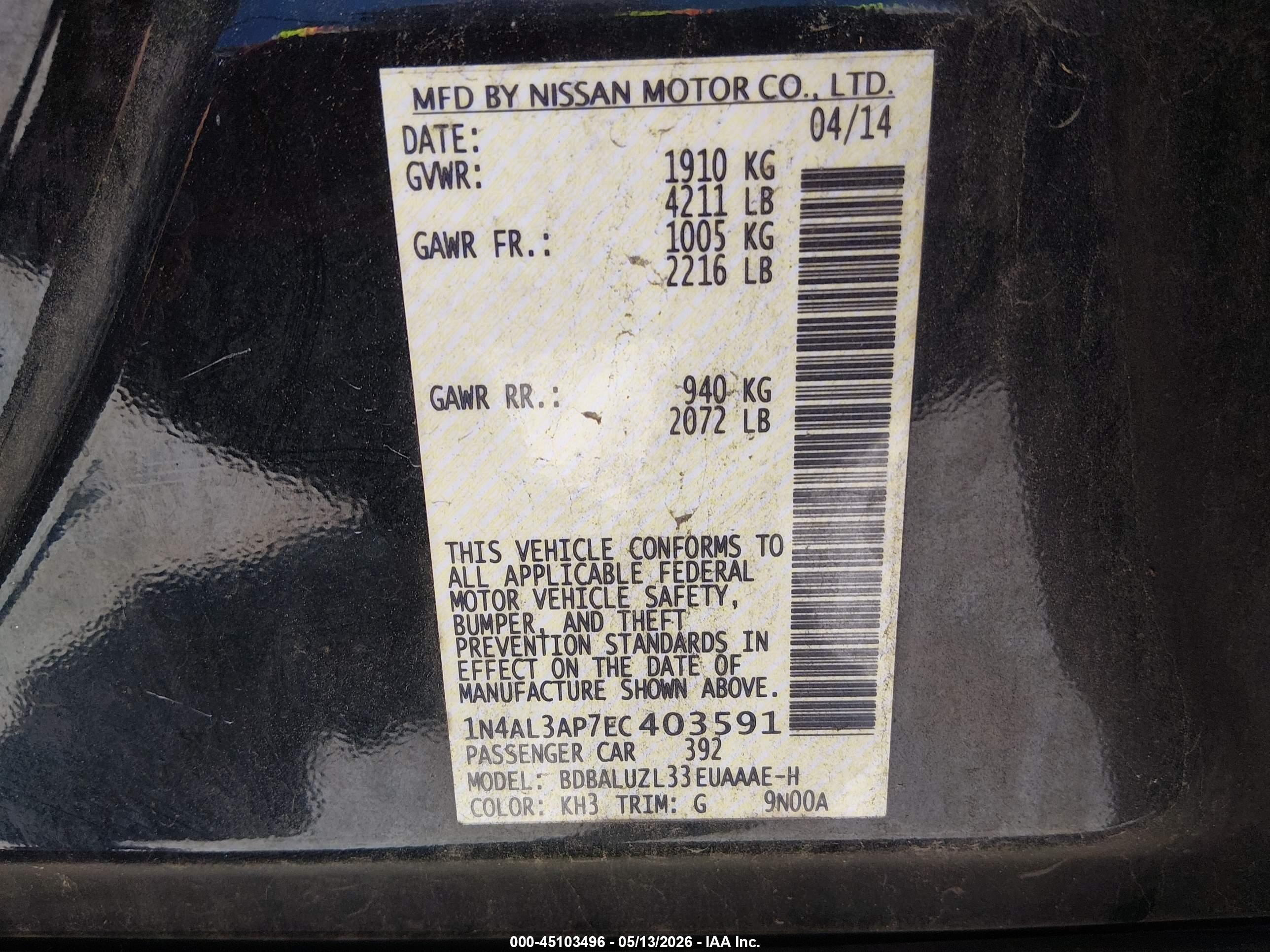 2014 Nissan Altima 2.5 Sv Black vin: 1N4AL3AP7EC403591