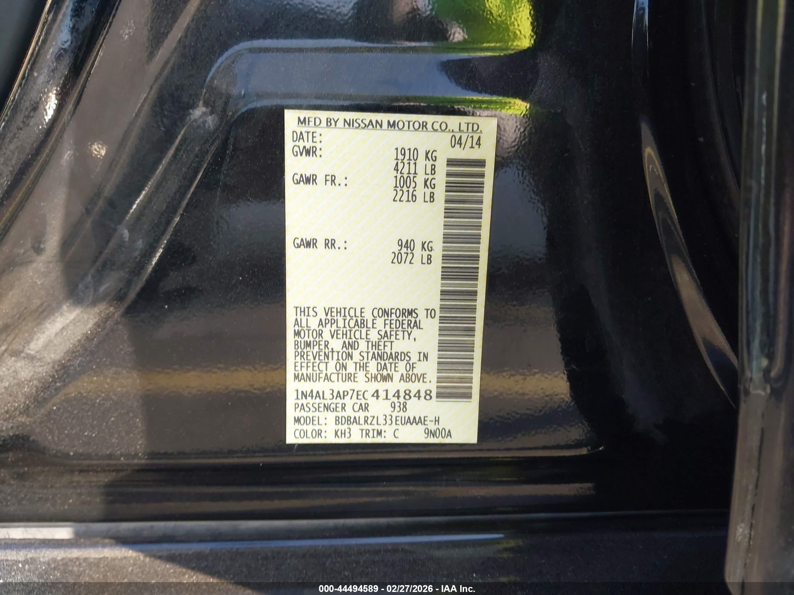 2014 Nissan Altima 2.5 S Black vin: 1N4AL3AP7EC414848
