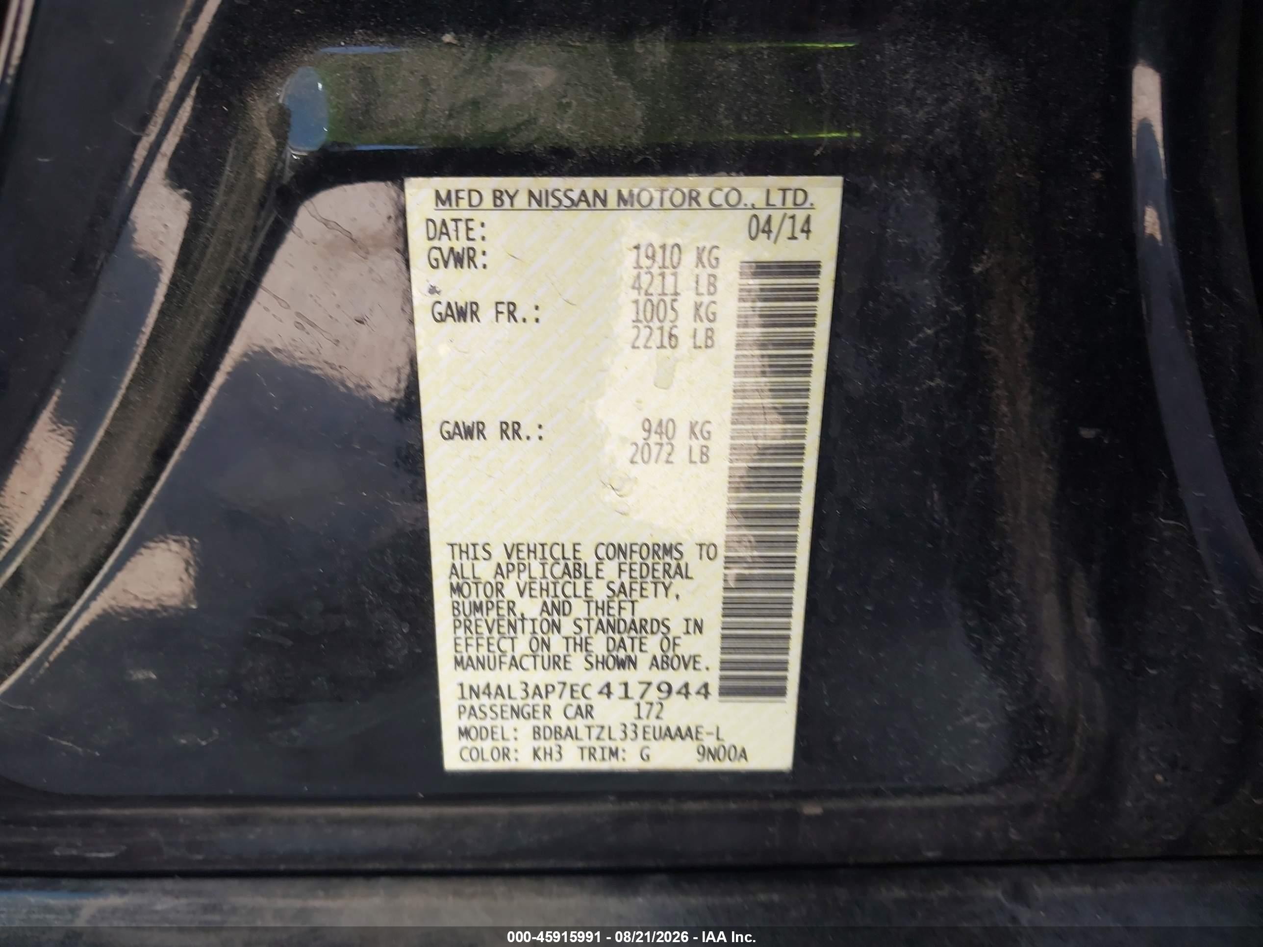 2014 Nissan Altima 2.5 Sv Black vin: 1N4AL3AP7EC417944