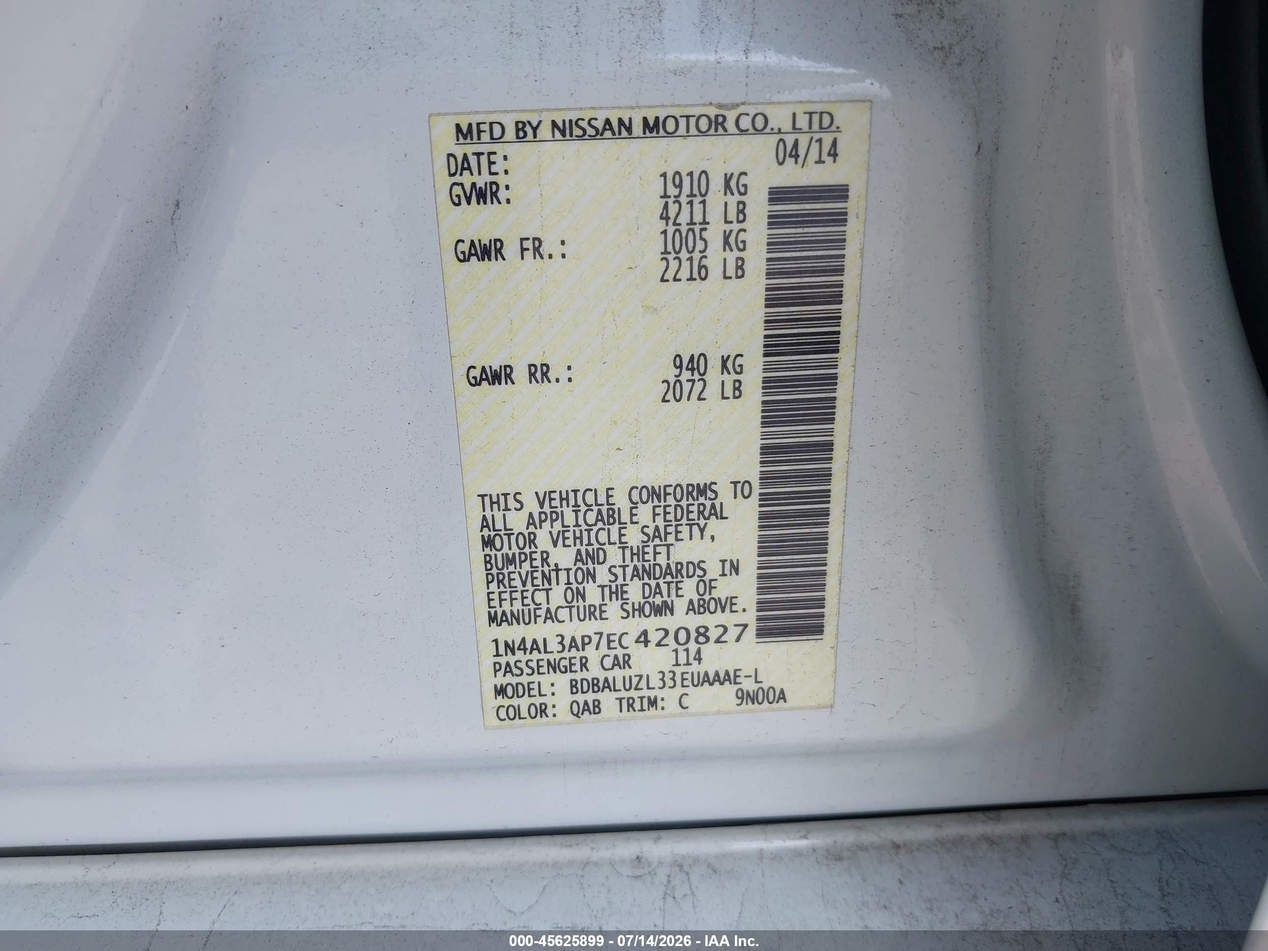 2014 Nissan Altima 2.5 Sv White vin: 1N4AL3AP7EC420827