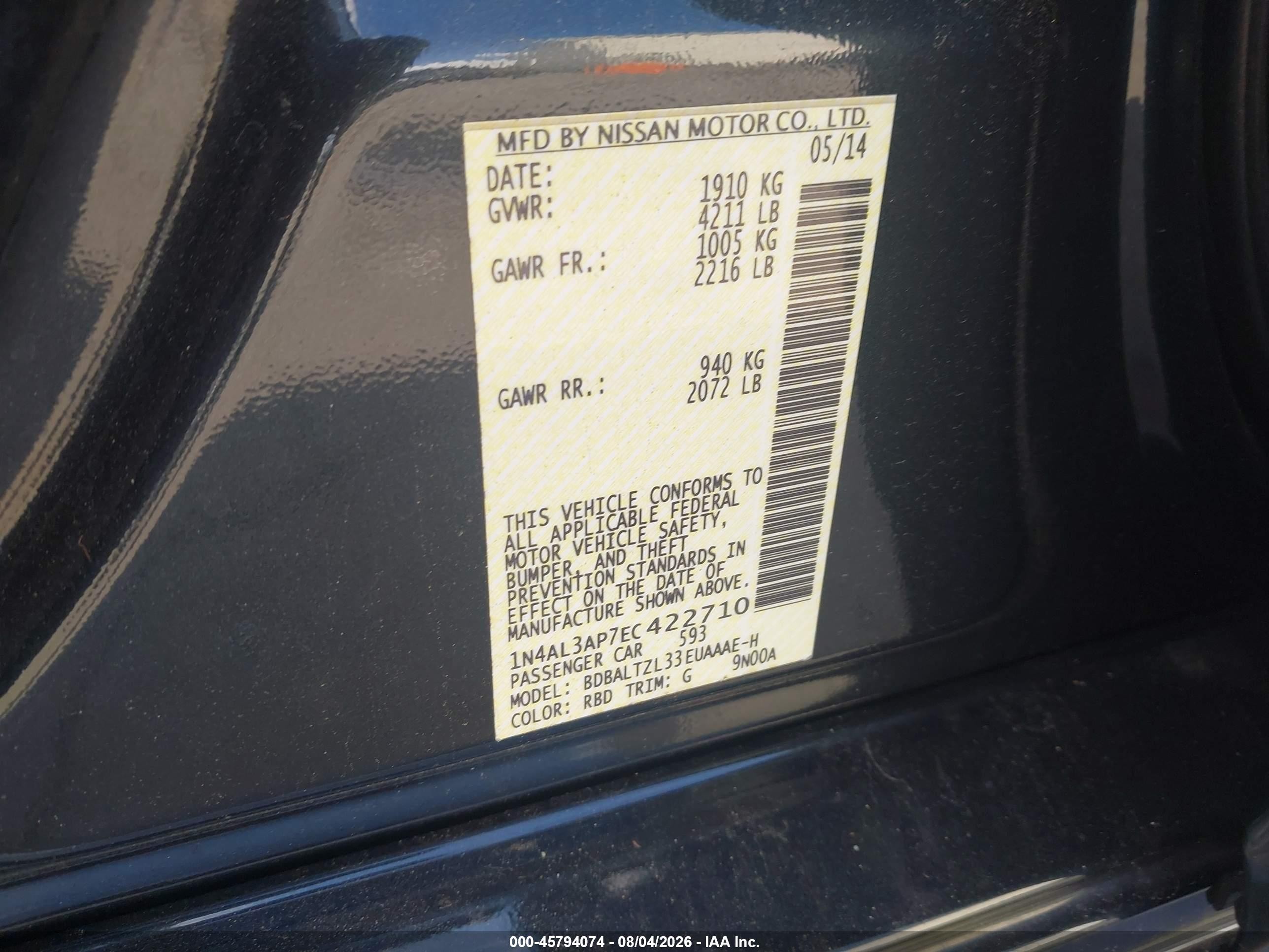 2014 Nissan Altima 2.5 Sv Gray vin: 1N4AL3AP7EC422710