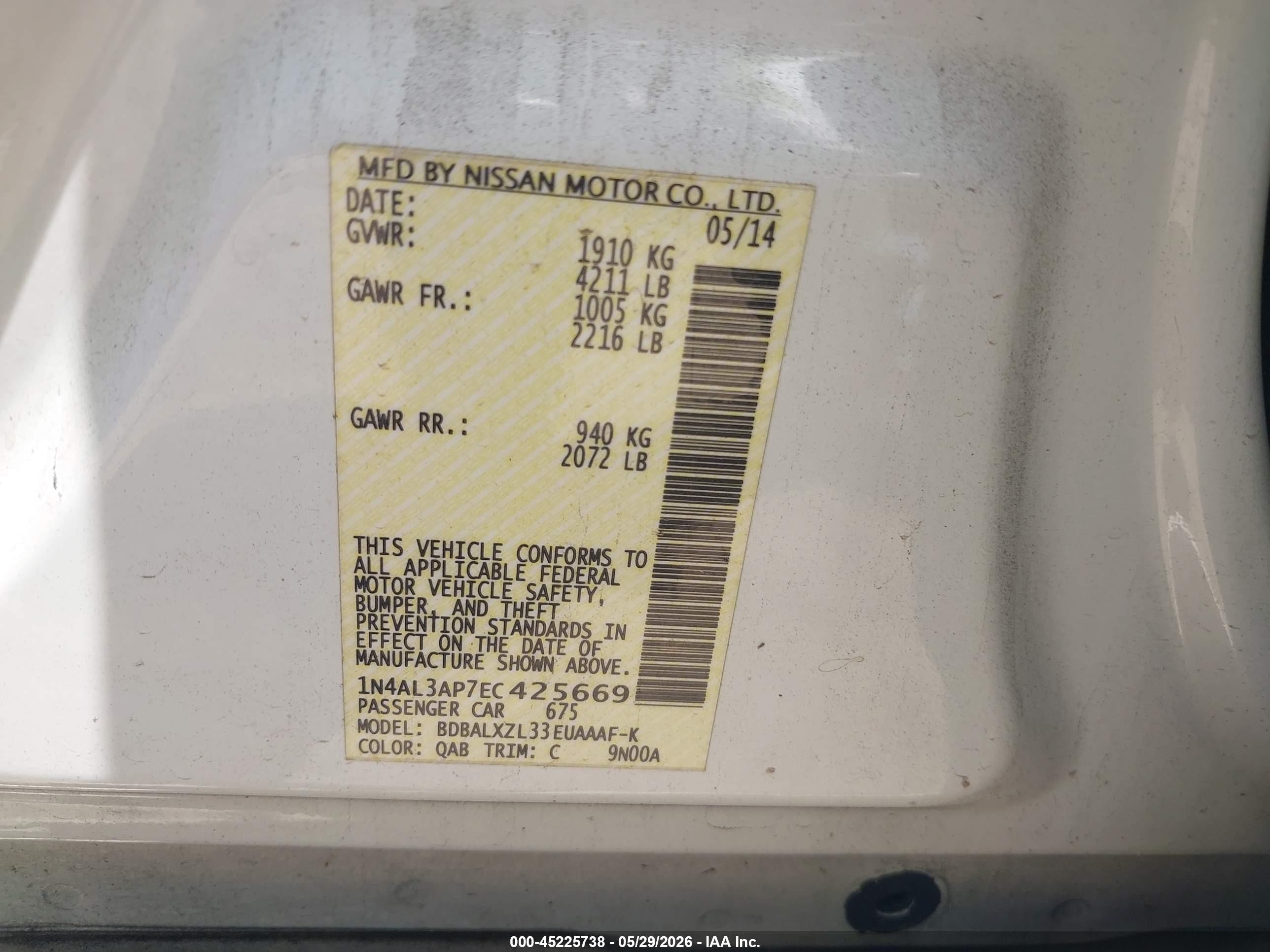 2014 Nissan Altima 2.5 Sl White vin: 1N4AL3AP7EC425669