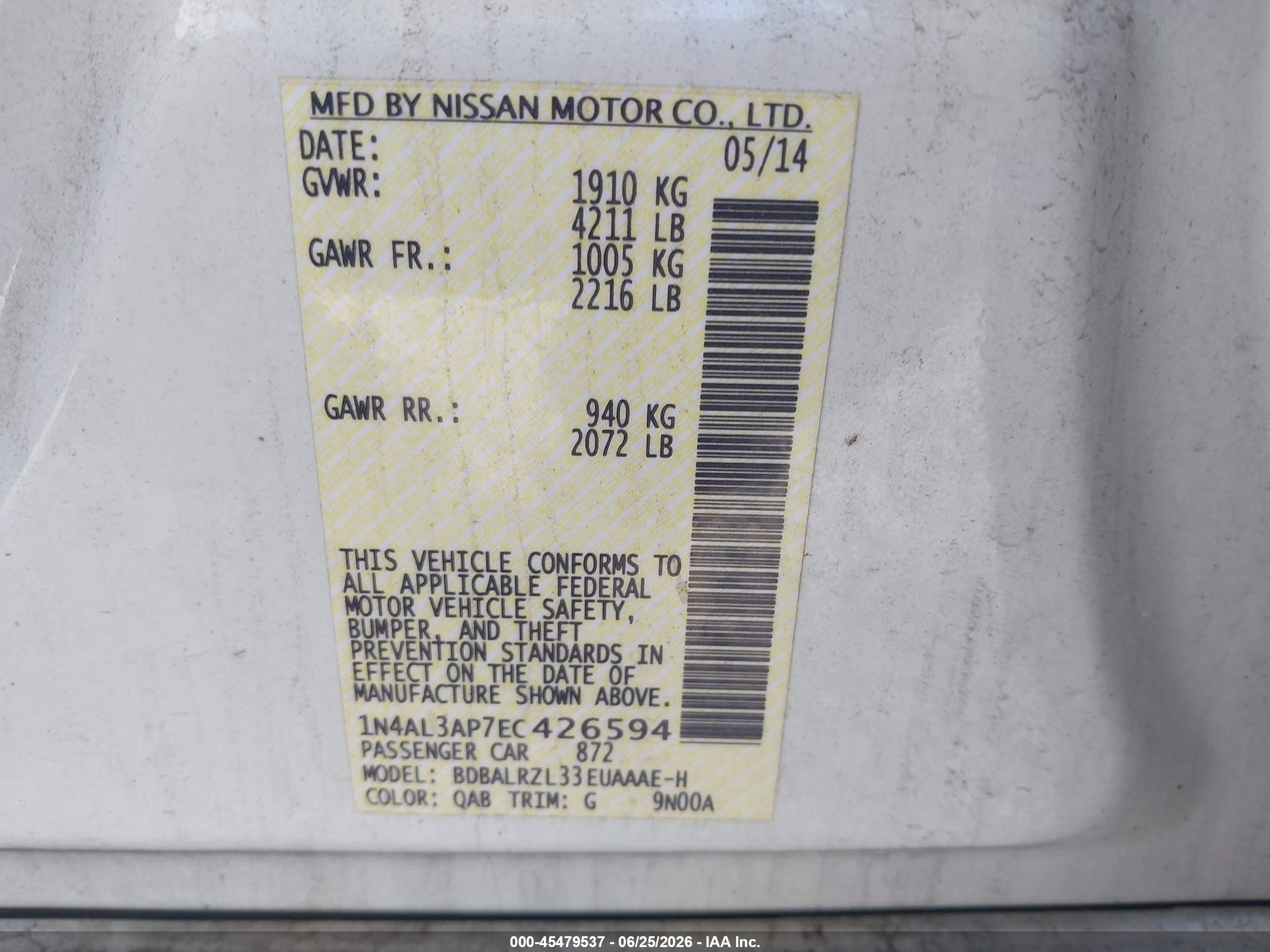 2014 Nissan Altima 2.5 S White vin: 1N4AL3AP7EC426594