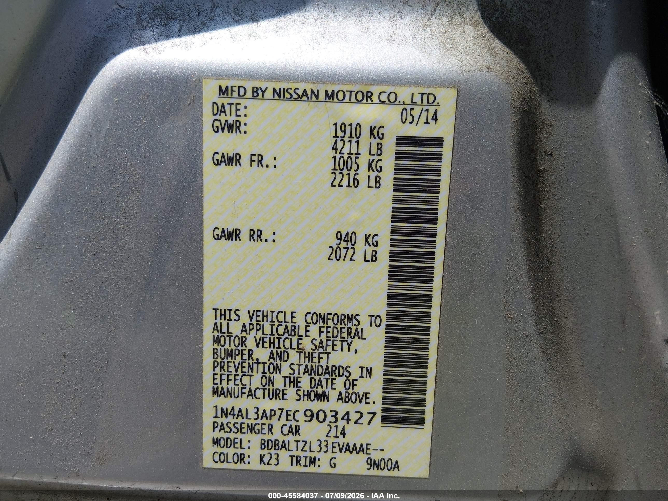 2014 Nissan Altima 2.5 Sv Silver vin: 1N4AL3AP7EC903427