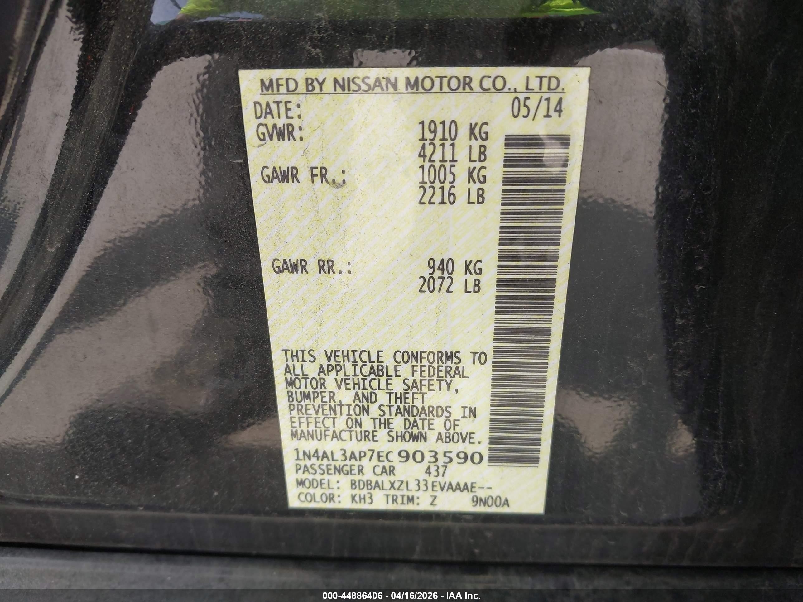 2014 Nissan Altima 2.5 Sl Black vin: 1N4AL3AP7EC903590