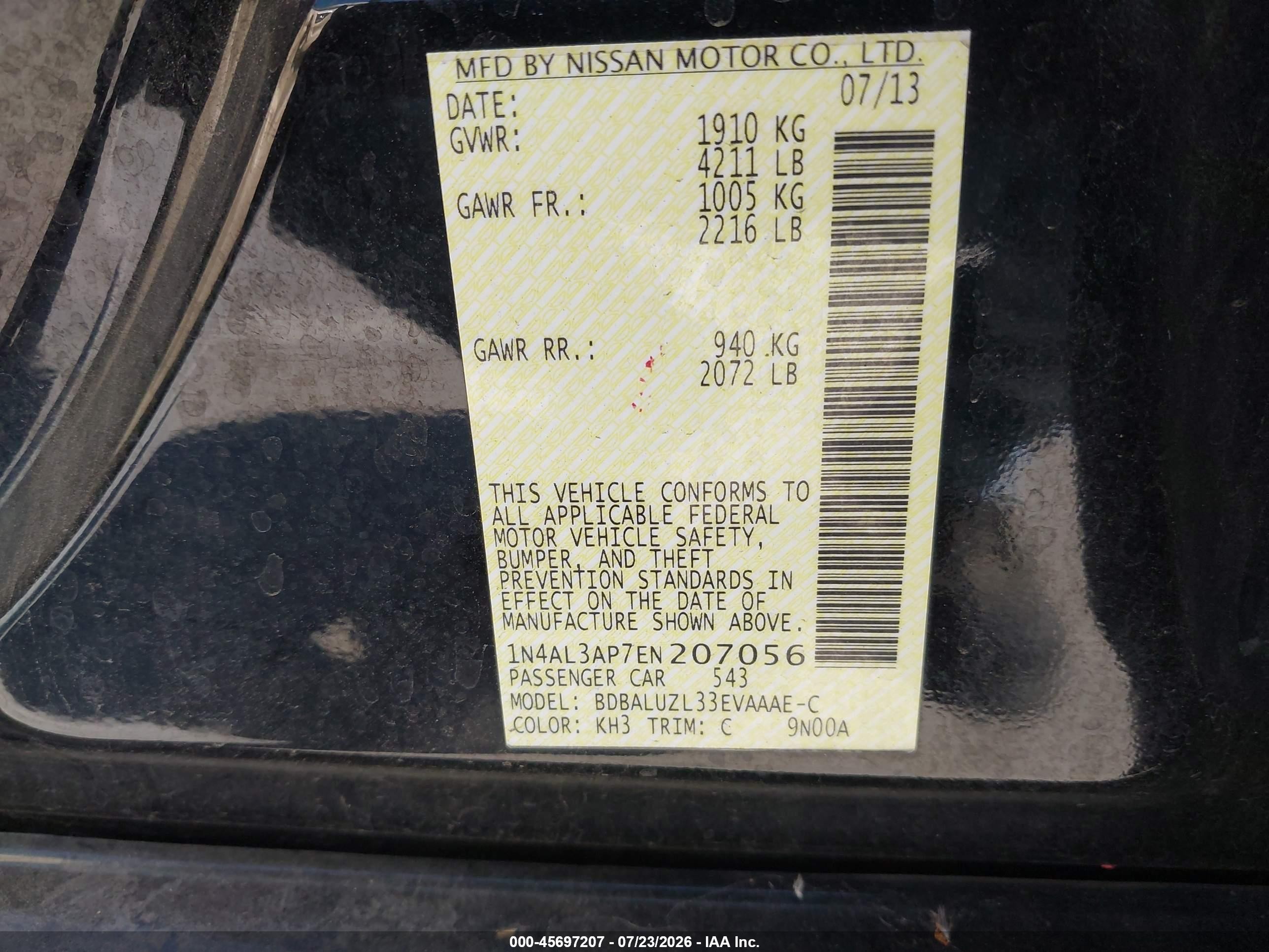 2014 Nissan Altima 2.5 Sv Black vin: 1N4AL3AP7EN207056