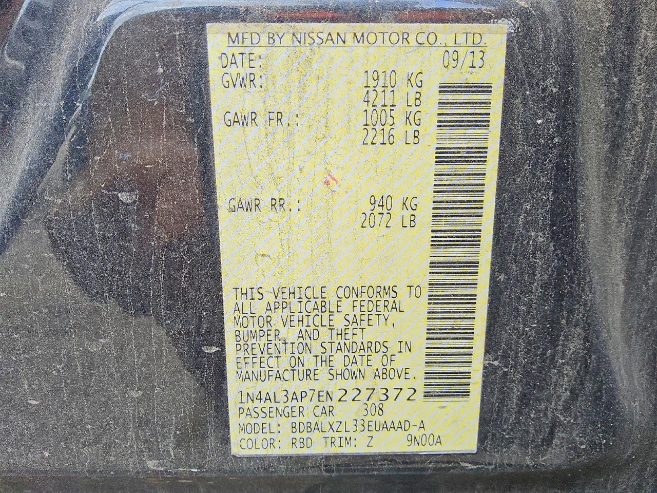 2014 Nissan Altima 2.5 Sl Black vin: 1N4AL3AP7EN227372