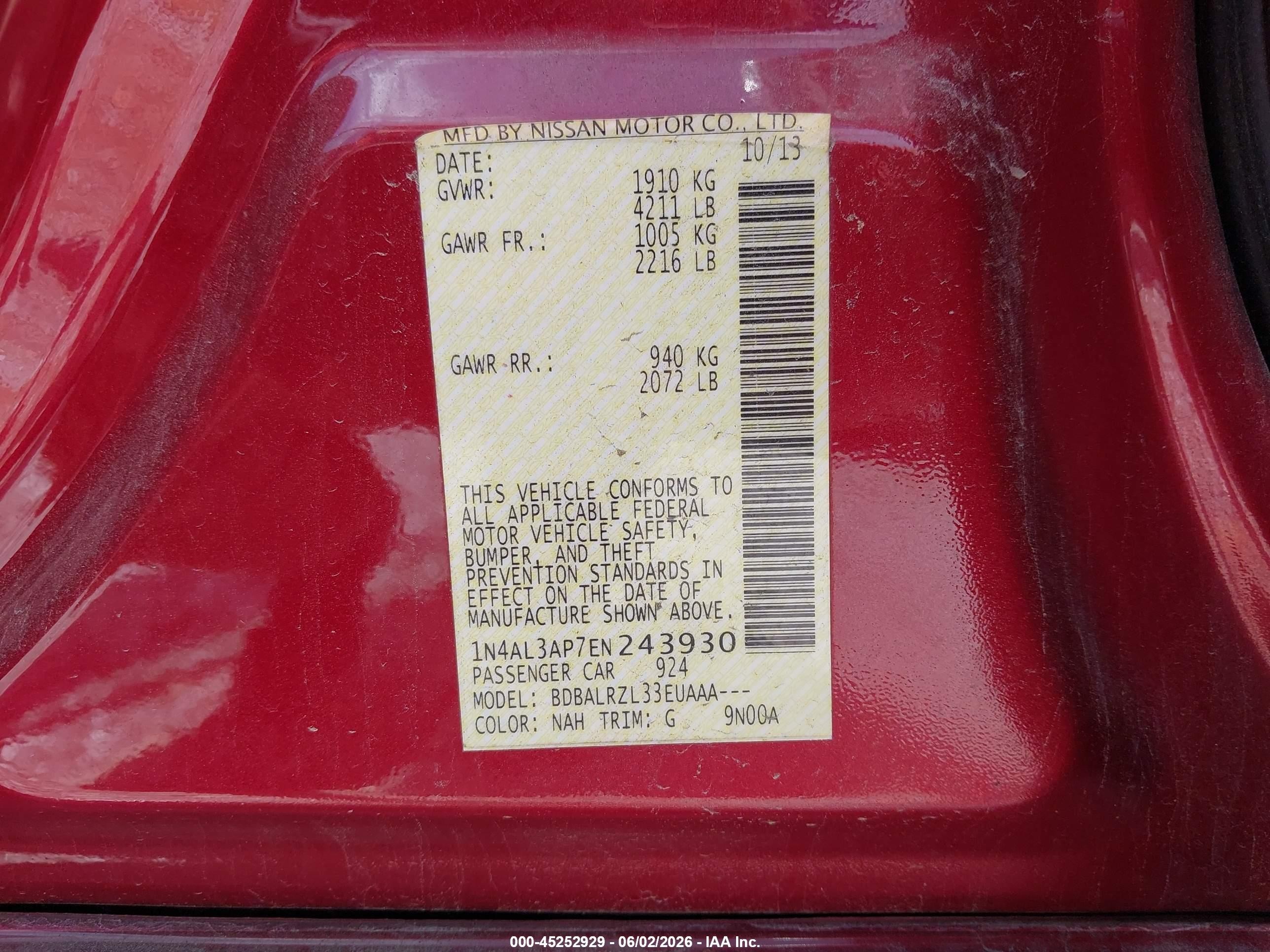 2014 Nissan Altima 2.5 S Red vin: 1N4AL3AP7EN243930
