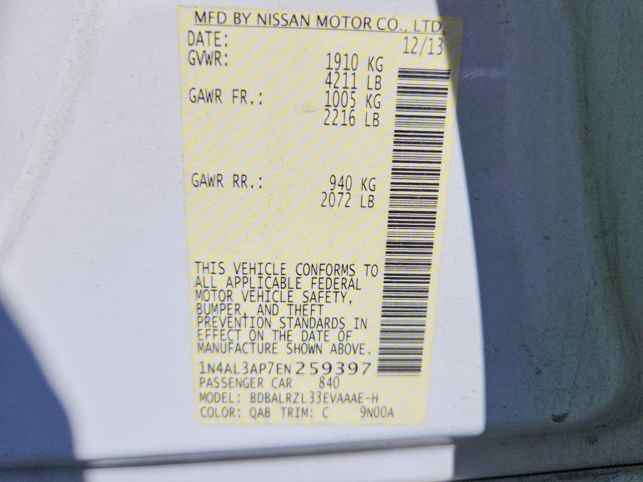 2014 Nissan Altima 2.5 S Белый vin: 1N4AL3AP7EN259397