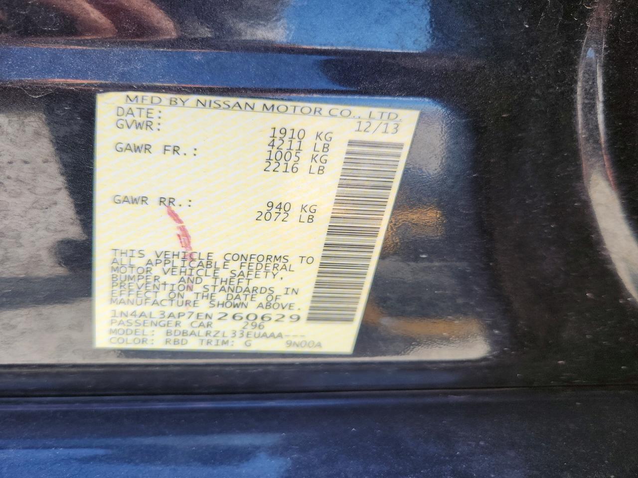 2014 Nissan Altima Black vin: 1N4AL3AP7EN260629