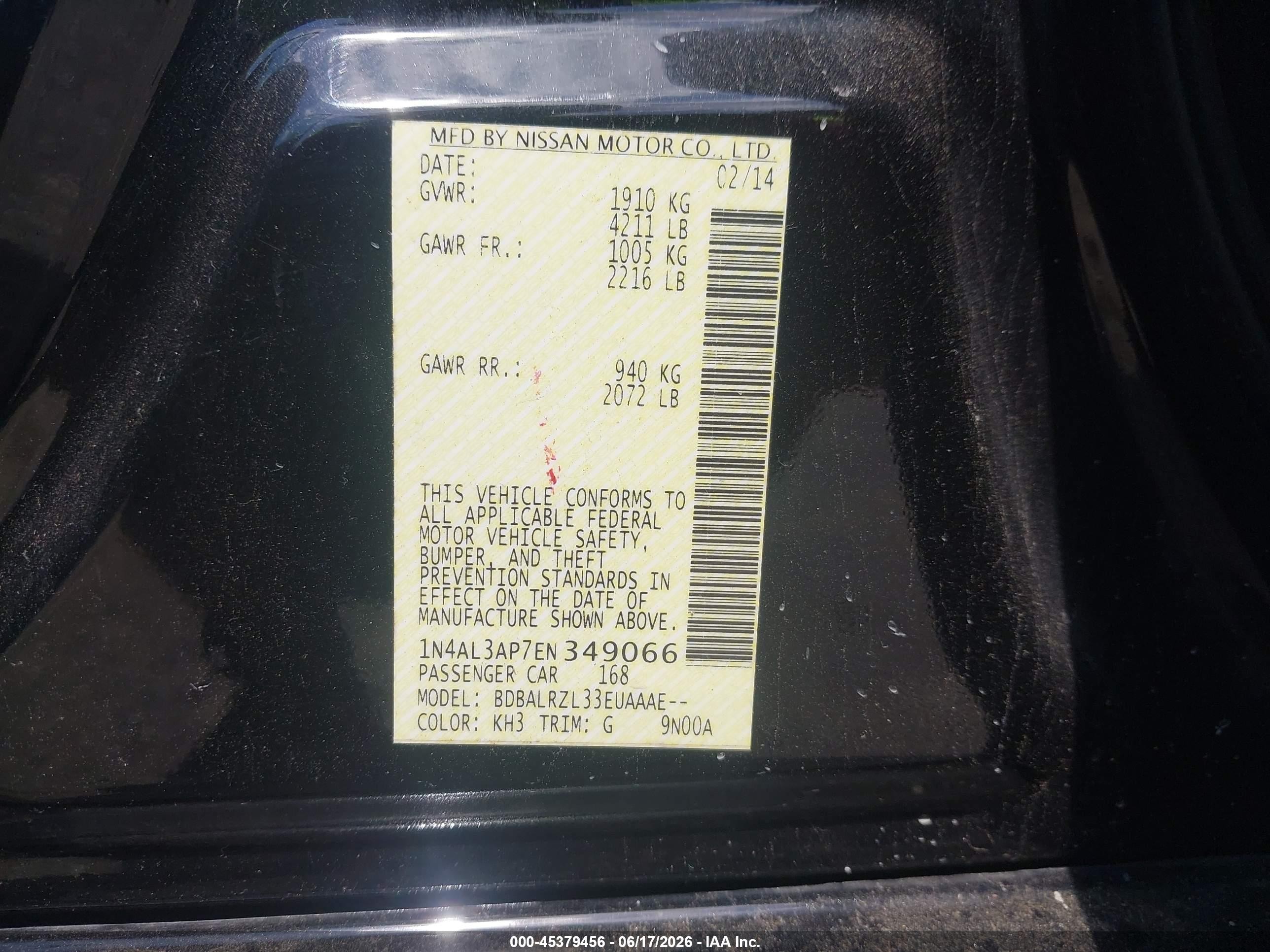 2014 Nissan Altima 2.5/2.5 S/2.5 Sl/2.5 Sv Black vin: 1N4AL3AP7EN349066